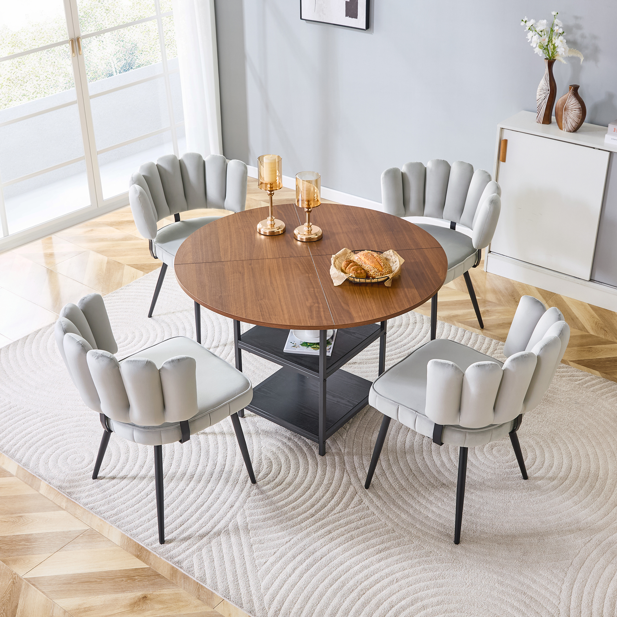 Table And Chair Set. Round 107 Cm Walnut Dining Table With Double Storage Level   4 Light Grey Fabric Dining Chairs With Flower-shaped Backrests  Ideal For Small Apartments.