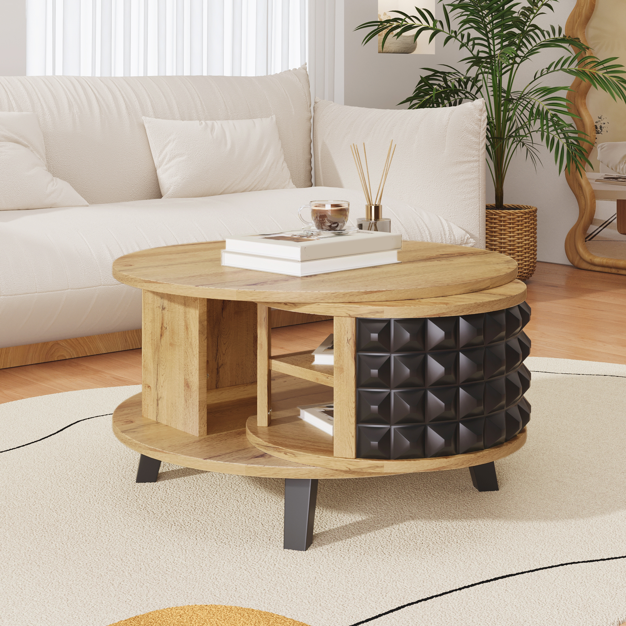 Table basse, plaque tournante, table d'appoint avec étagère interne cachée