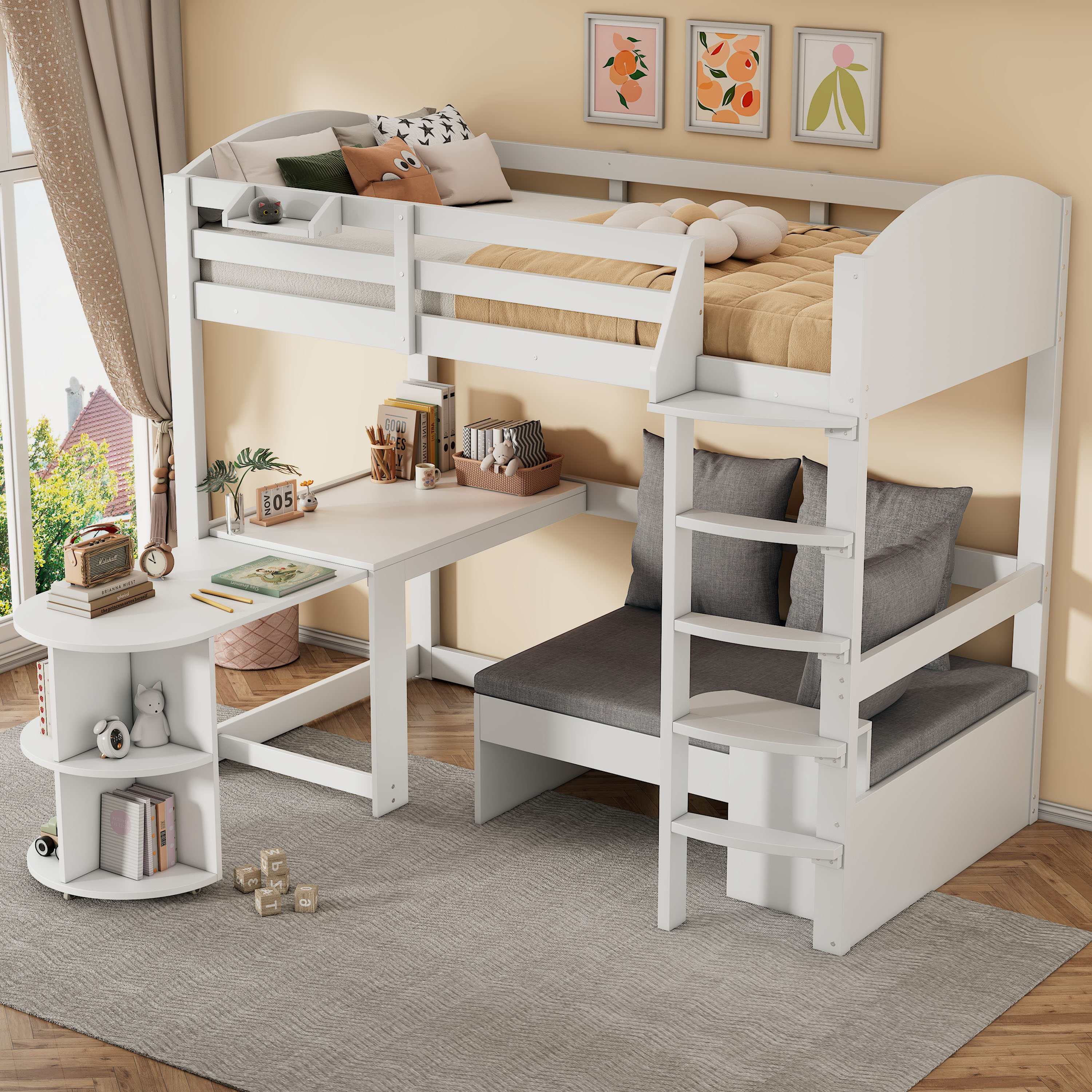 Loft Bed For Kids,Multifunctional Cot, With One Ladder, With Extendable Table, Sofa With Storage And With Three Pillows And Upholstery, With Storage Shelves, White,90x200 OLD SKU N634P209628901W