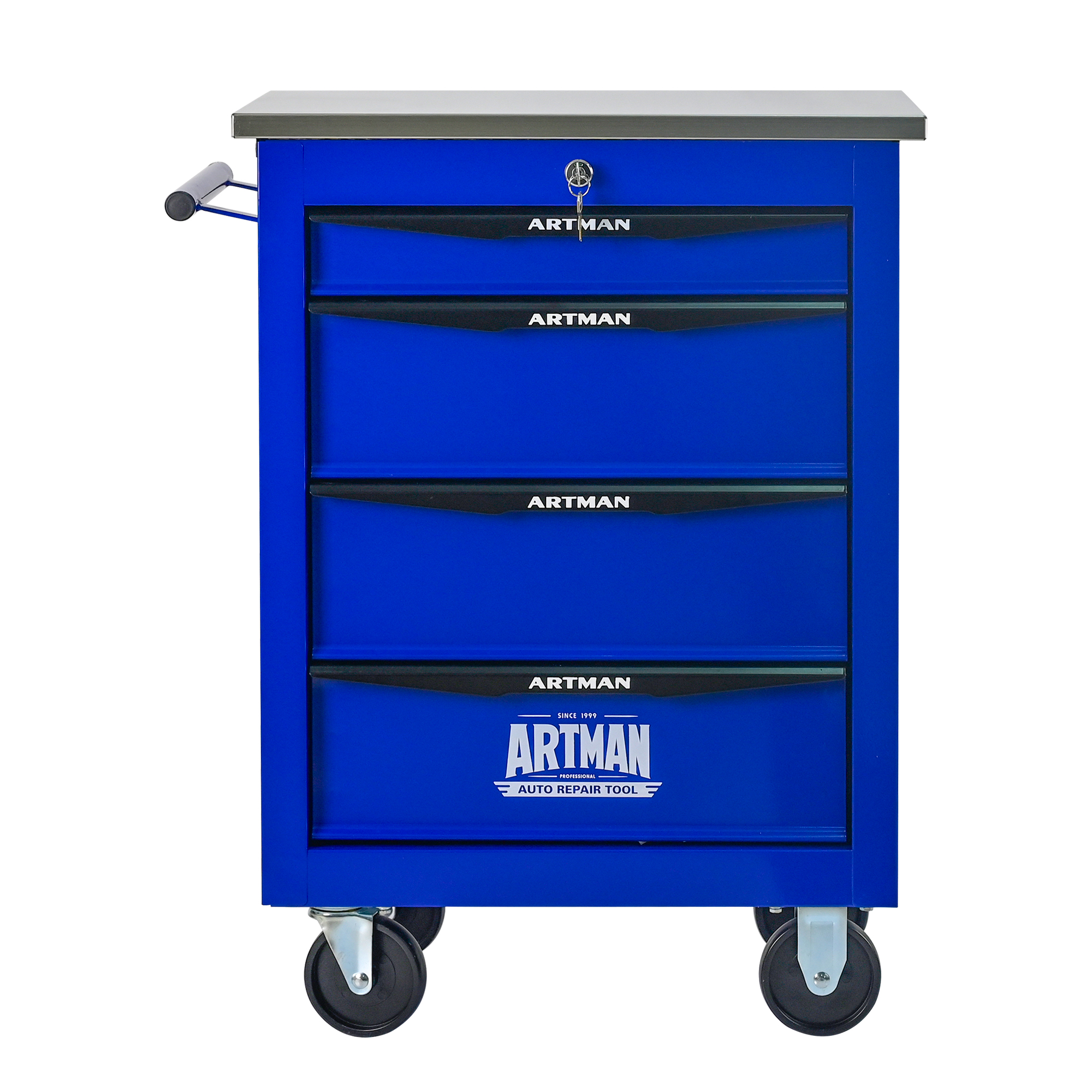 4 Drawers Multifunctional Tool Trolley With Wheels, Metal Rolling Tool Trolley Storage For Garage Workshop Warehouse Repair Shop-with Stainless Steel Roof-Black & Blue  BLACK&BLUE