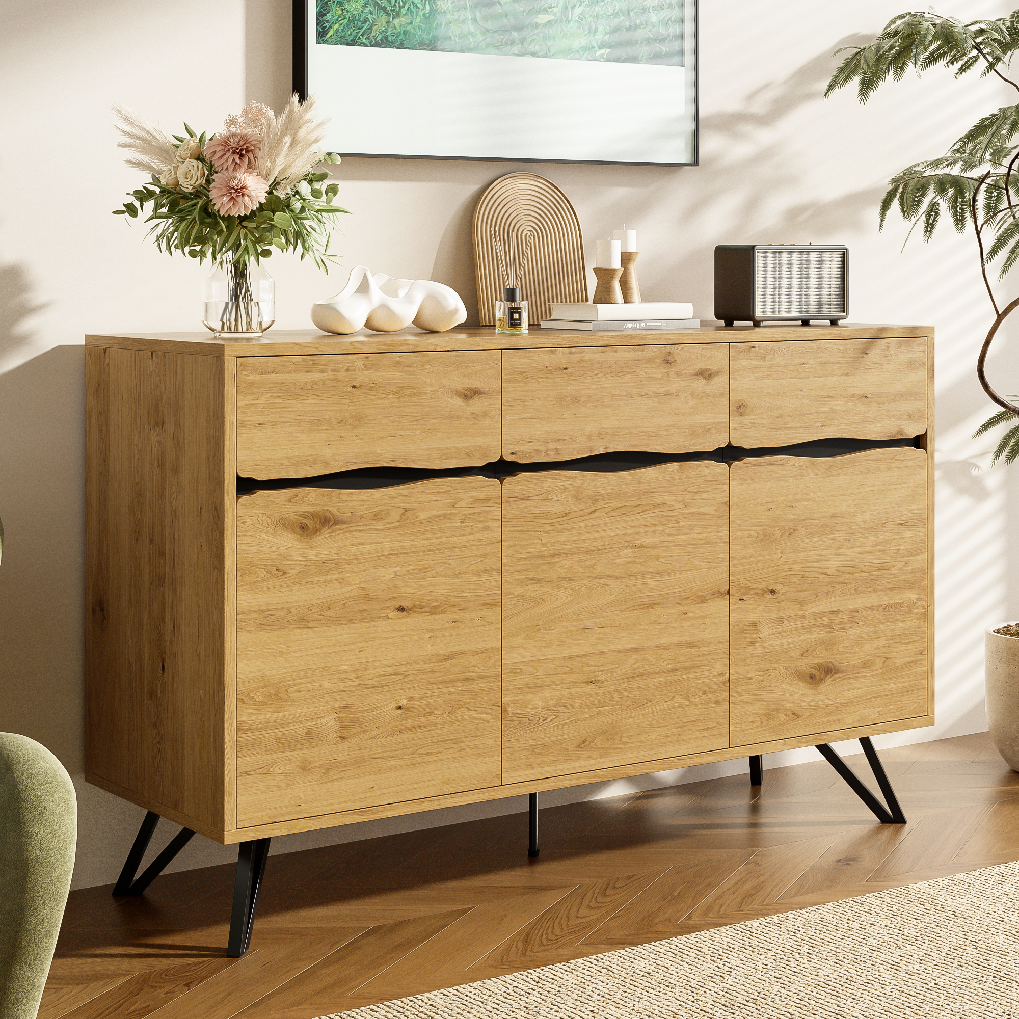 3-door Sideboard In Wood Look With Metal Legs  Modern Design, Plenty Of Storage Space, Stable & Easy To Clean  Suitable For Living Room, Dining Room, Hallway