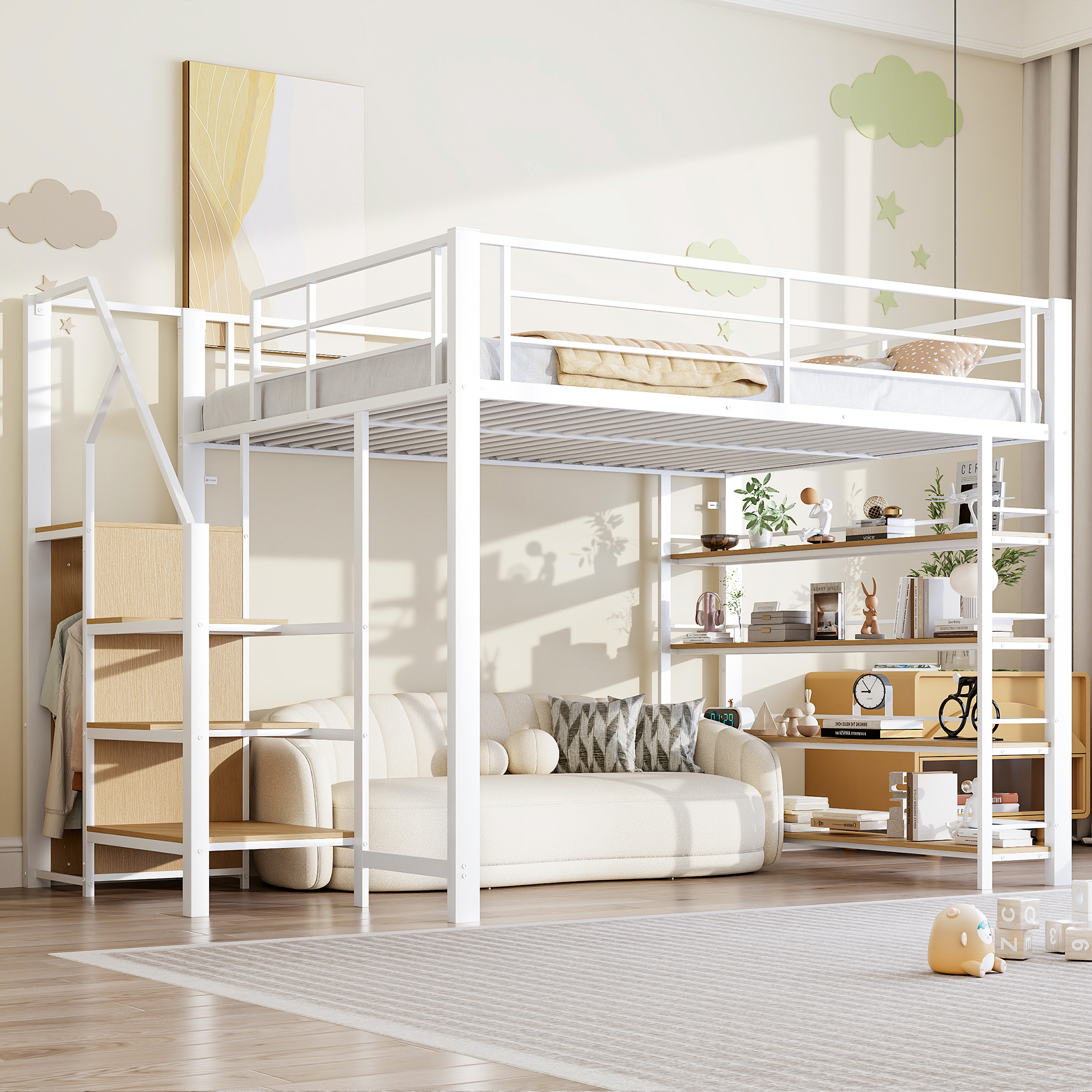 Loft Bed 140x200, With Safety Stairs, Storage Space And Small Wardrobe, Shelves, High Fence Design, Single Bed, Youth Bed, White