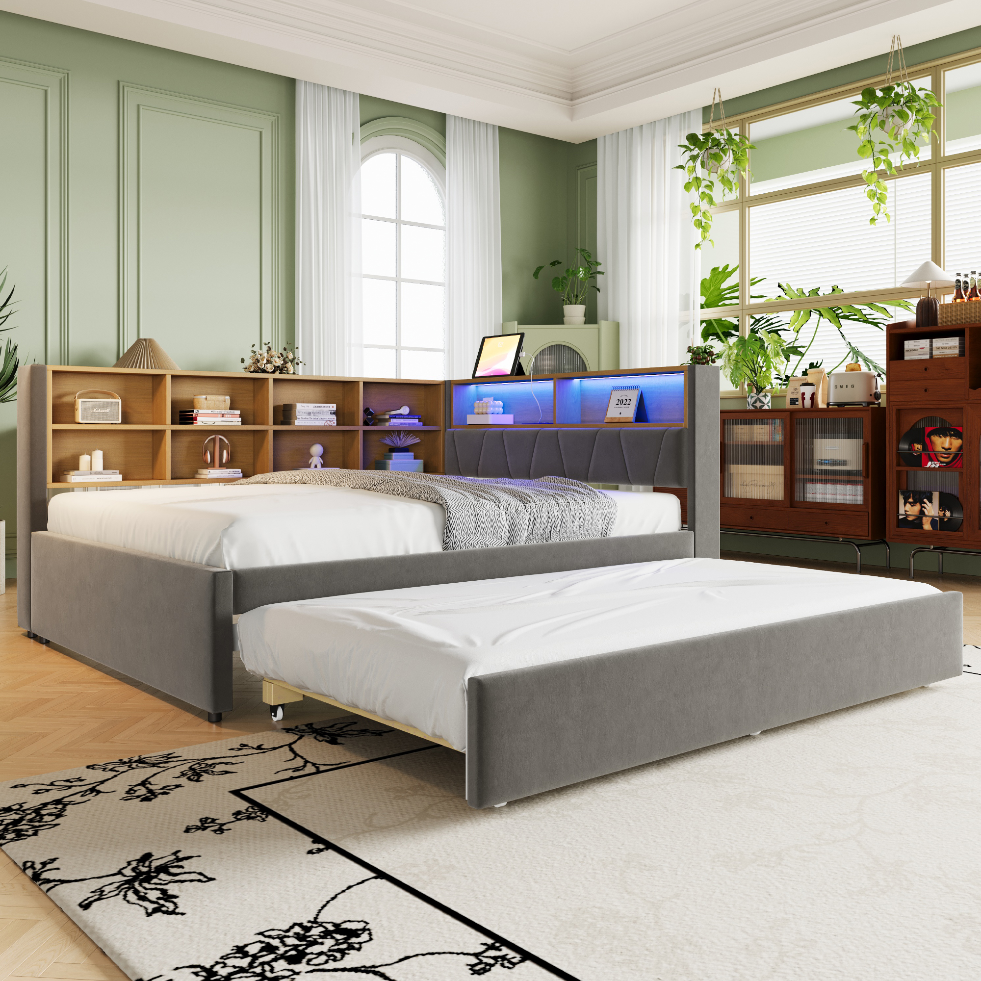 Sofa Bed 140x200, Pull-out Bed 90x190, Equipped With LED Lights, Sockets And Many Storage Compartments, Upholstered Bed, Multifunctional Sofa Bed, Single Bed, Flannel, Dark Grey.