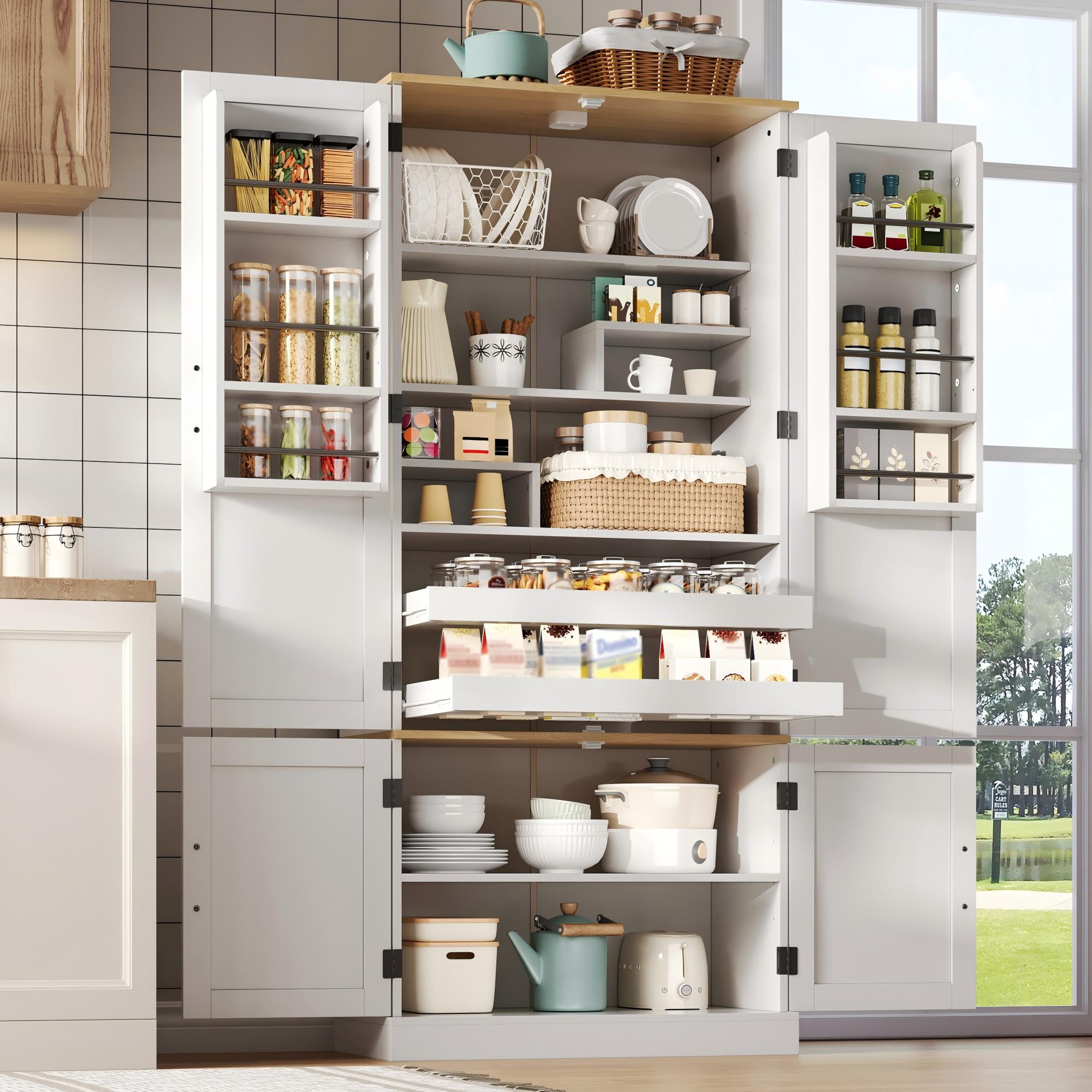 Kitchen Cabinets, Tall Cabinets And Storage Cabinets With Motion Sensor, Adjustable Shelves, Shelves On The Doors And Drawers, Suitable For Kitchen, Dining Room And Living Room, White