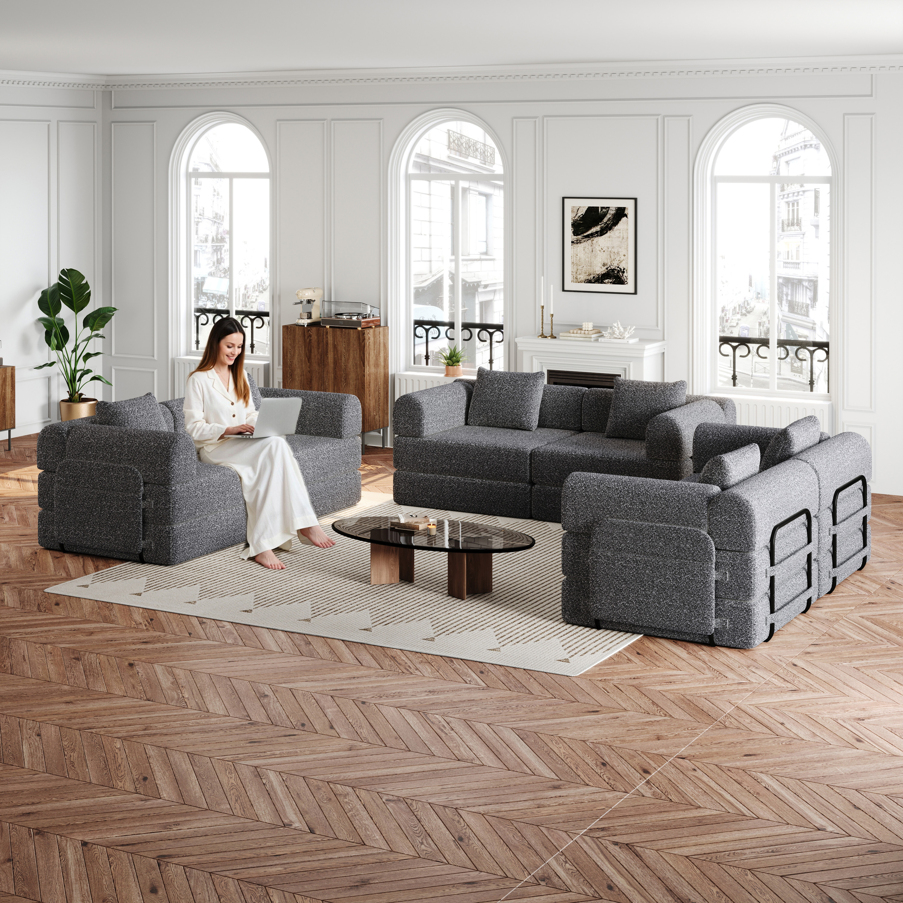 Patented Design Chenille Sofa Bed 2-in-1 With Storage Compartment In The Armrest, Three Metal Frames And Several Configuration Options