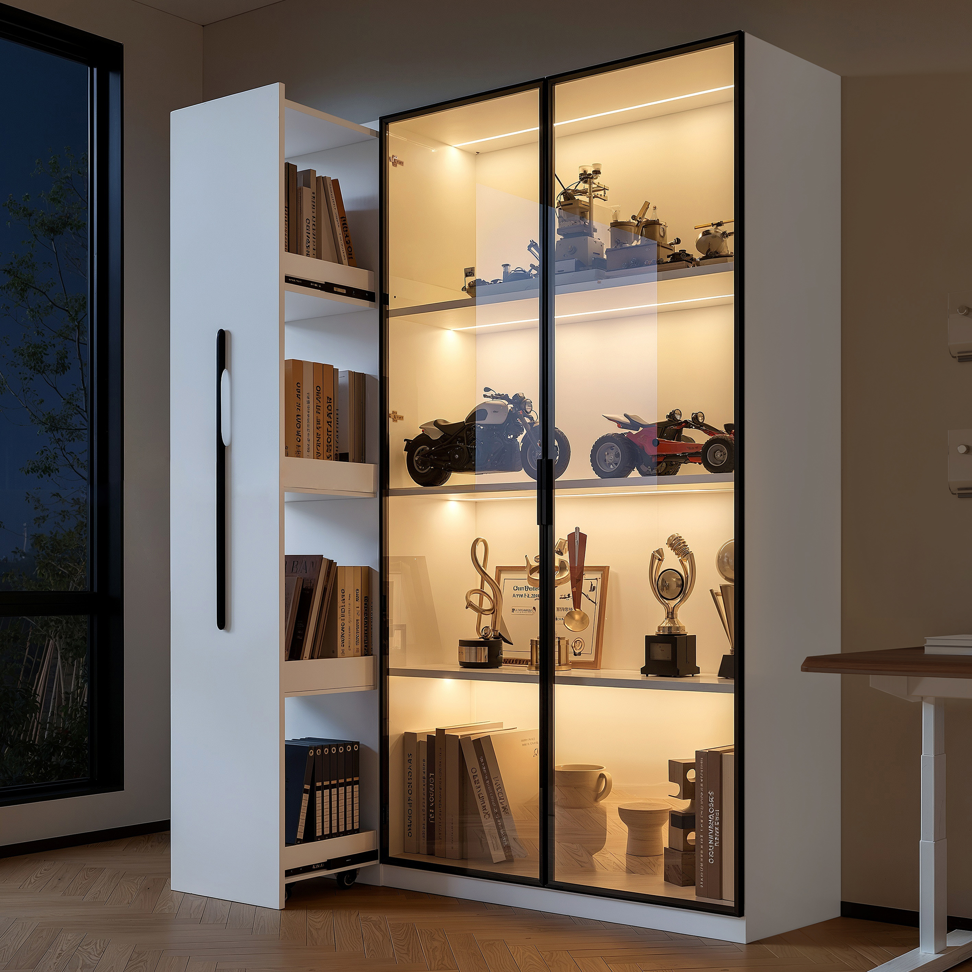 Multifunctional Cabinet 110.5X35X160 Cm - Display Cabinet With Glass Door And LED, Side Extension, Roller Cabinet - Tall Cabinet In French Style, Bookcase, Display Cabinet, Bathroom Cabinet, Dining Ro