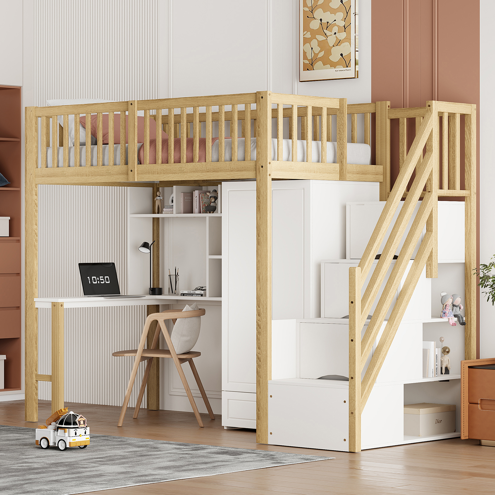Loft Bed 90 X 200 With Large Wardrobe Shelf And Table, Storage Space Staircase Multi-purpose Bed Unit Wooden Bed Frame Wood Colour