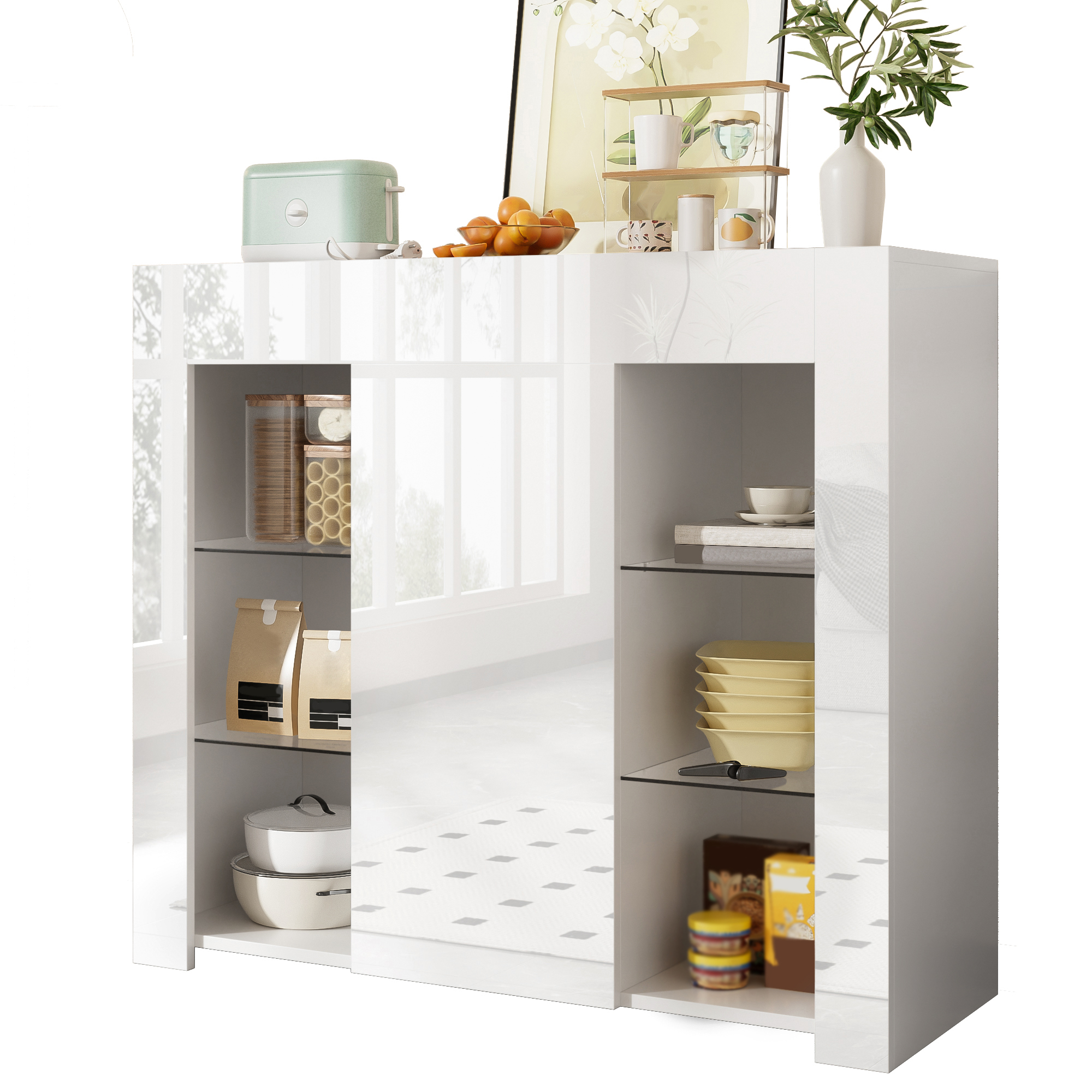 Modern White Buffet With High Gloss Front  Compact, Stylish Storage Solution With Glass Shelves And Cabinet Door For Living Room, Dining Room Or Kitchen  95x35x83 Cm
