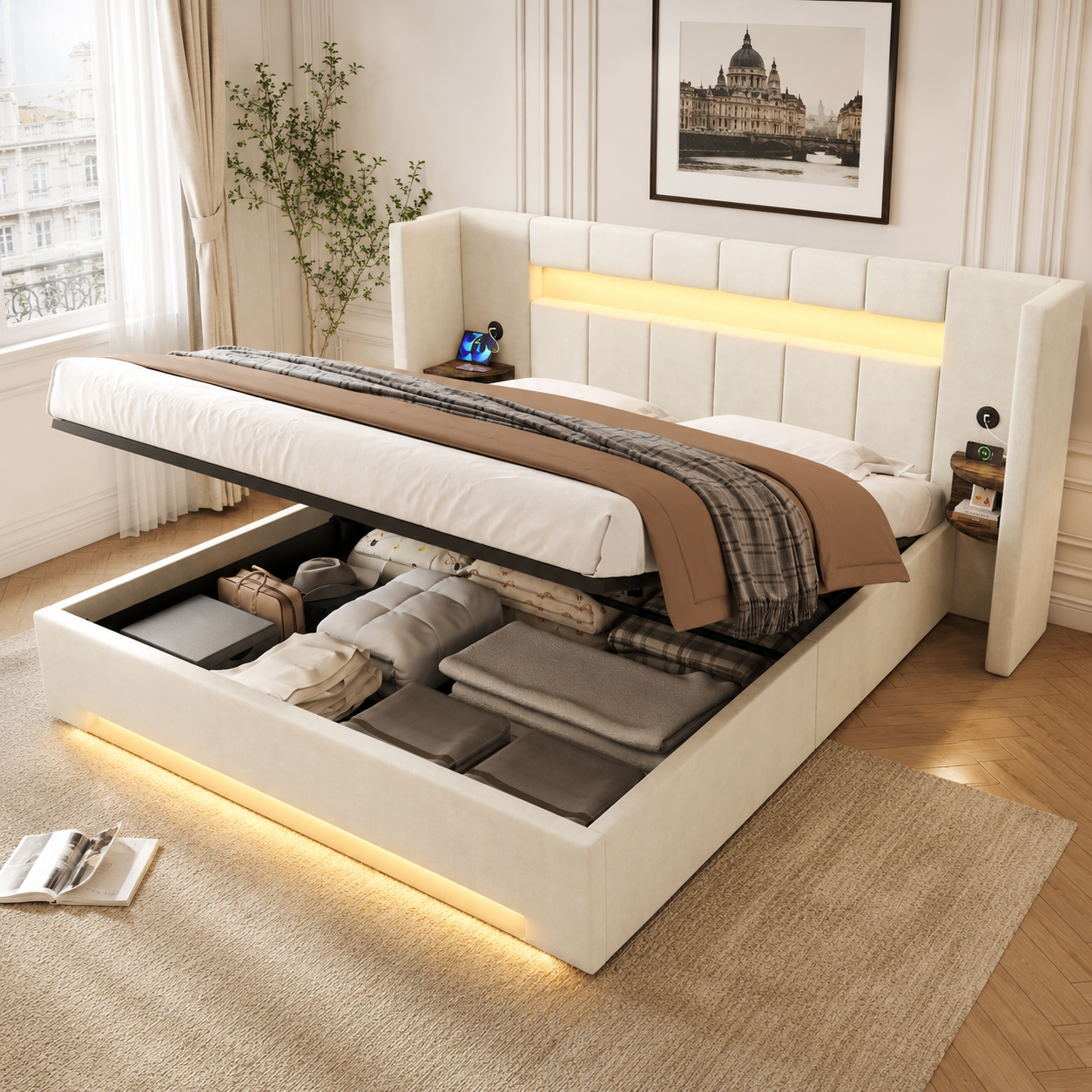 Multifunctional Velvet Bed Frame Wide Headboard, 2x USB, Retro Cabinet, LED Light, Hydraulics & Large Underbed Storage Space With Non-woven Fabric  Shipping In Several Packages  Delayed If Necessary