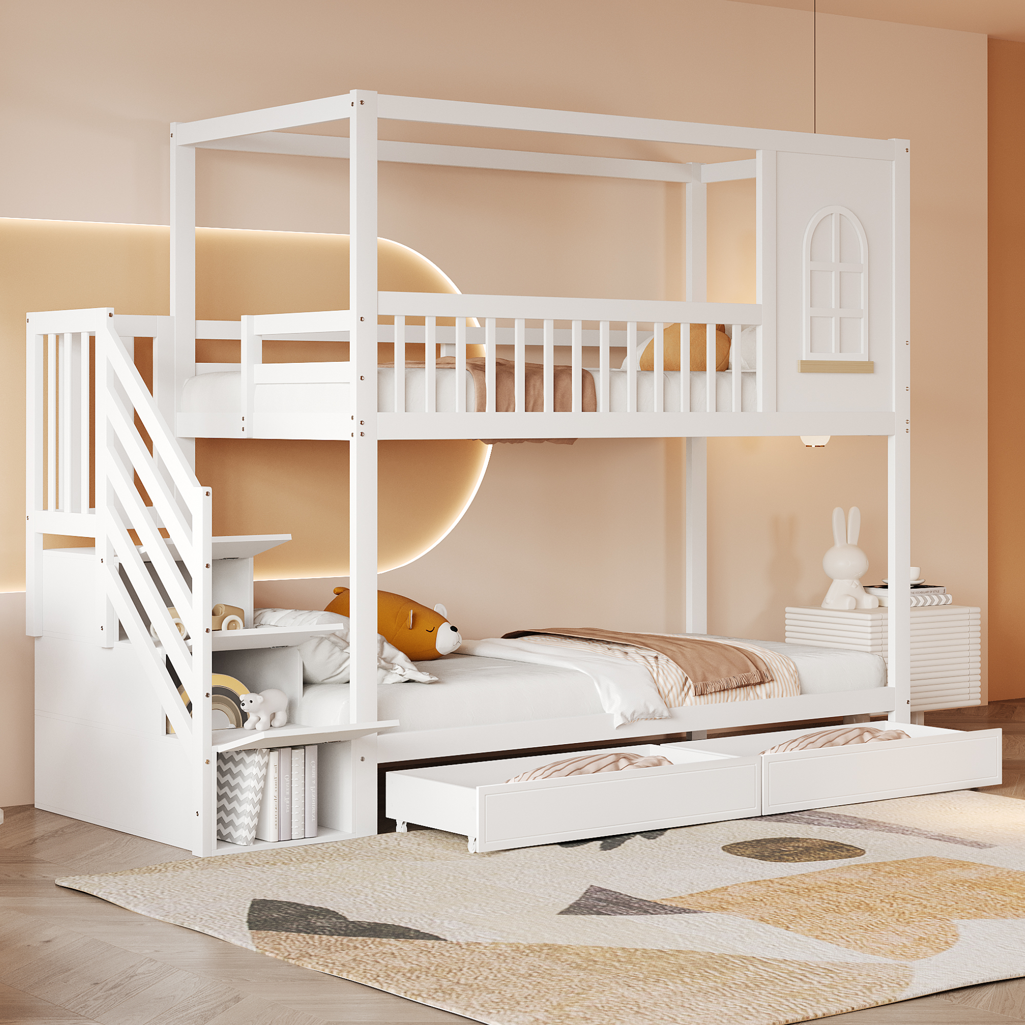 Bunk Bed Cot 90x200cm, Solid Wood Double Bed, House Shape With Windows, Security Fence Design, With Storage Drawers And Security Ladder, White,Old SKU LDB00242AAK