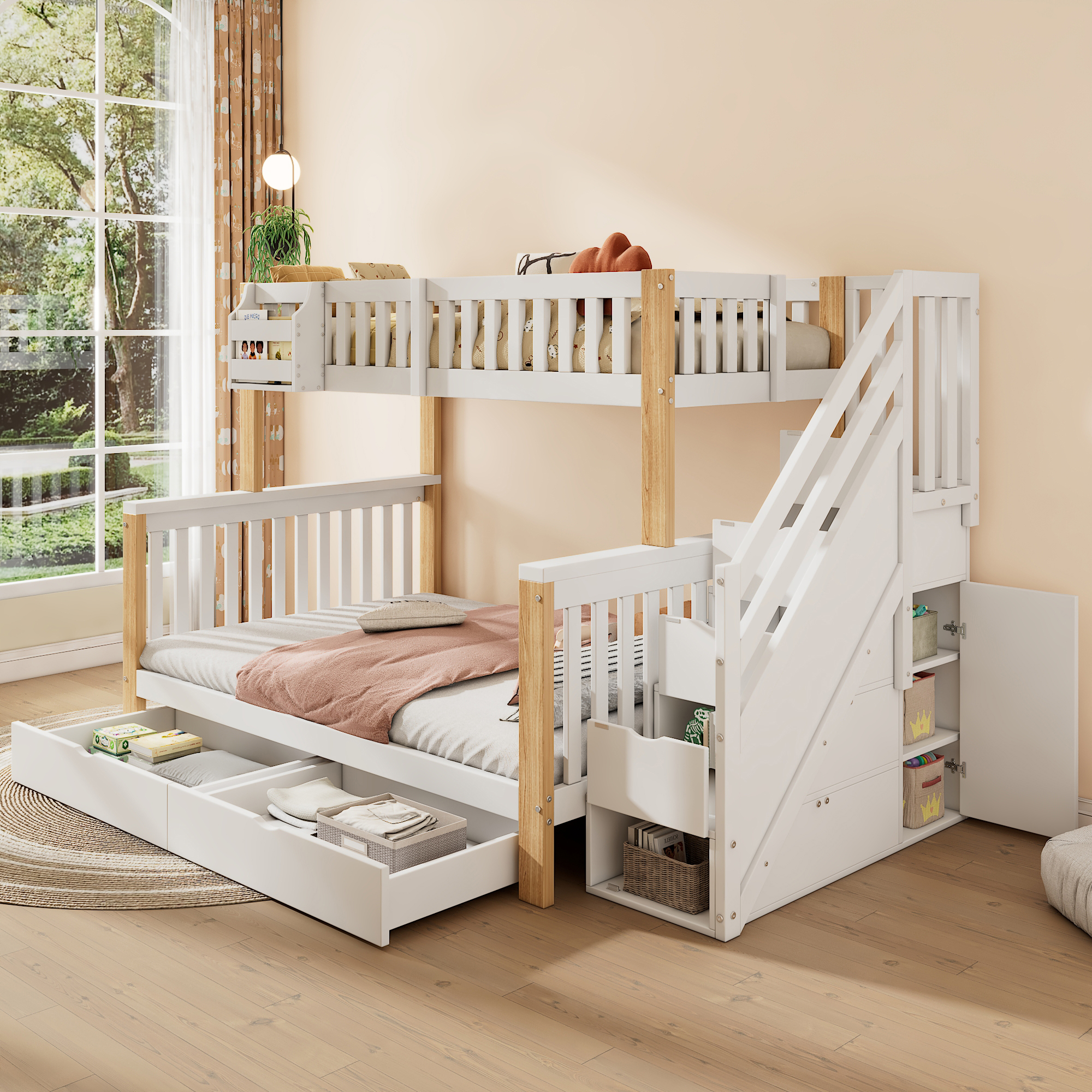 Children's Bunk Bed, Double Bed, Multifunctional Children's Bed With Storage Basket, With Drawer, With Stair Cupboard, With Storage Cupboard, Without Mattress, White  Natural