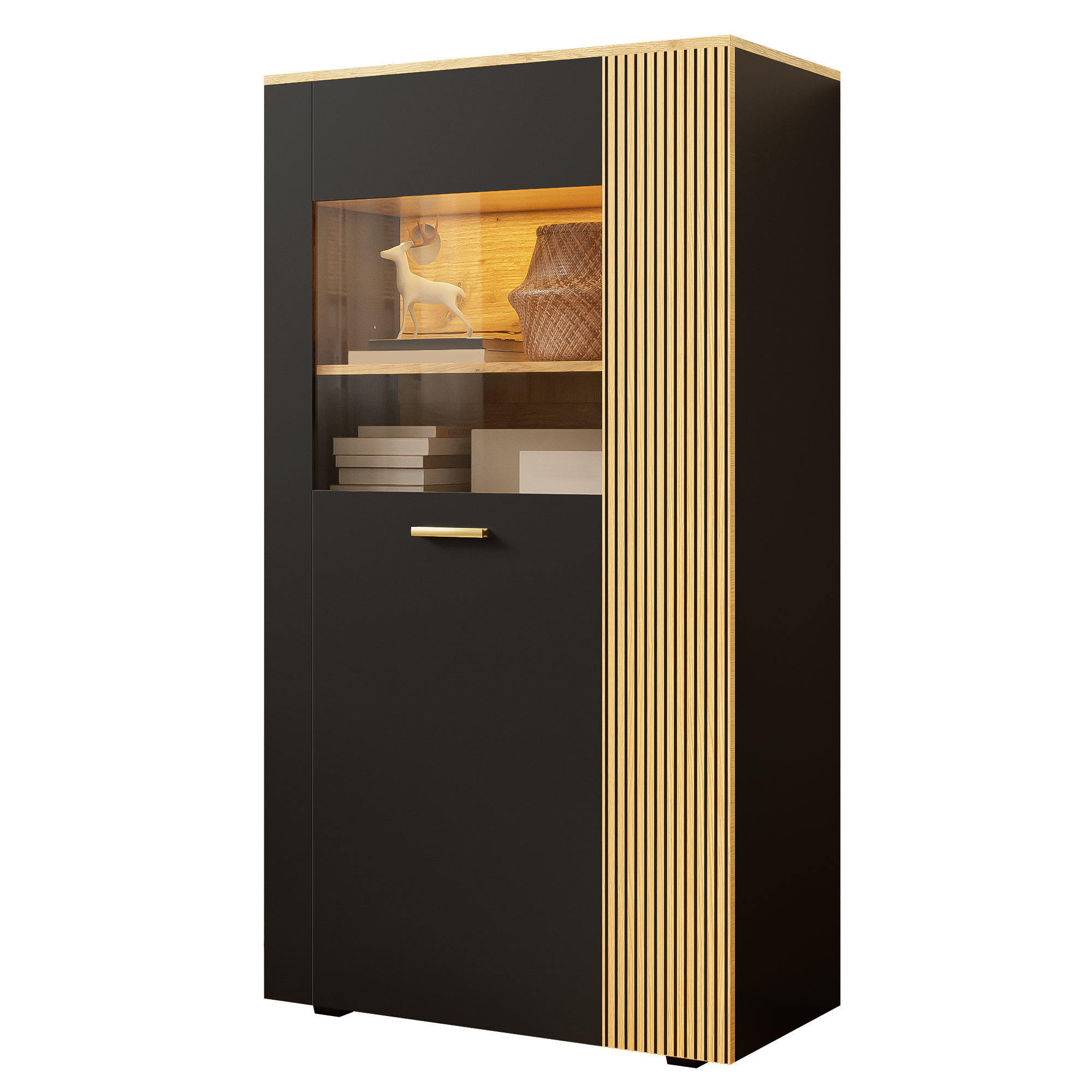 Modern PB Storage Cabinet With 16-Color LED Lights, Multifunctional Organizer With 3 Fixed And 2 Adjustable Shelves, Cable Management For Living Room  Cabinet Doors With Glass