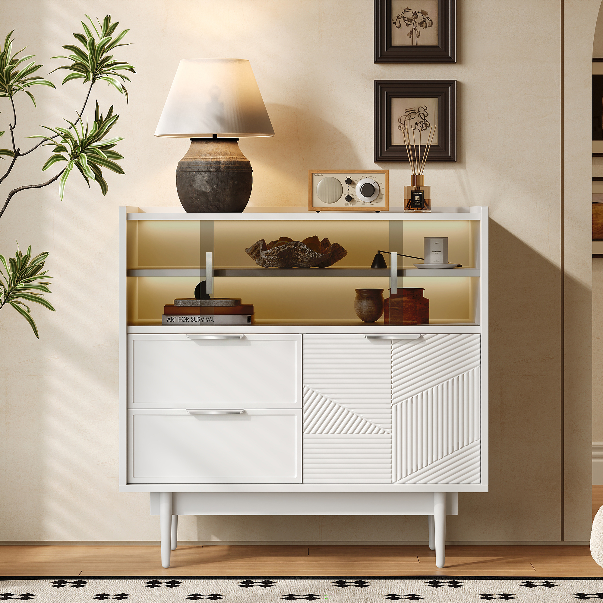 Storage Cabinet, Bathroom Cabinet, Sideboard With Light Strip, 80 Cm Wide, Glass Door