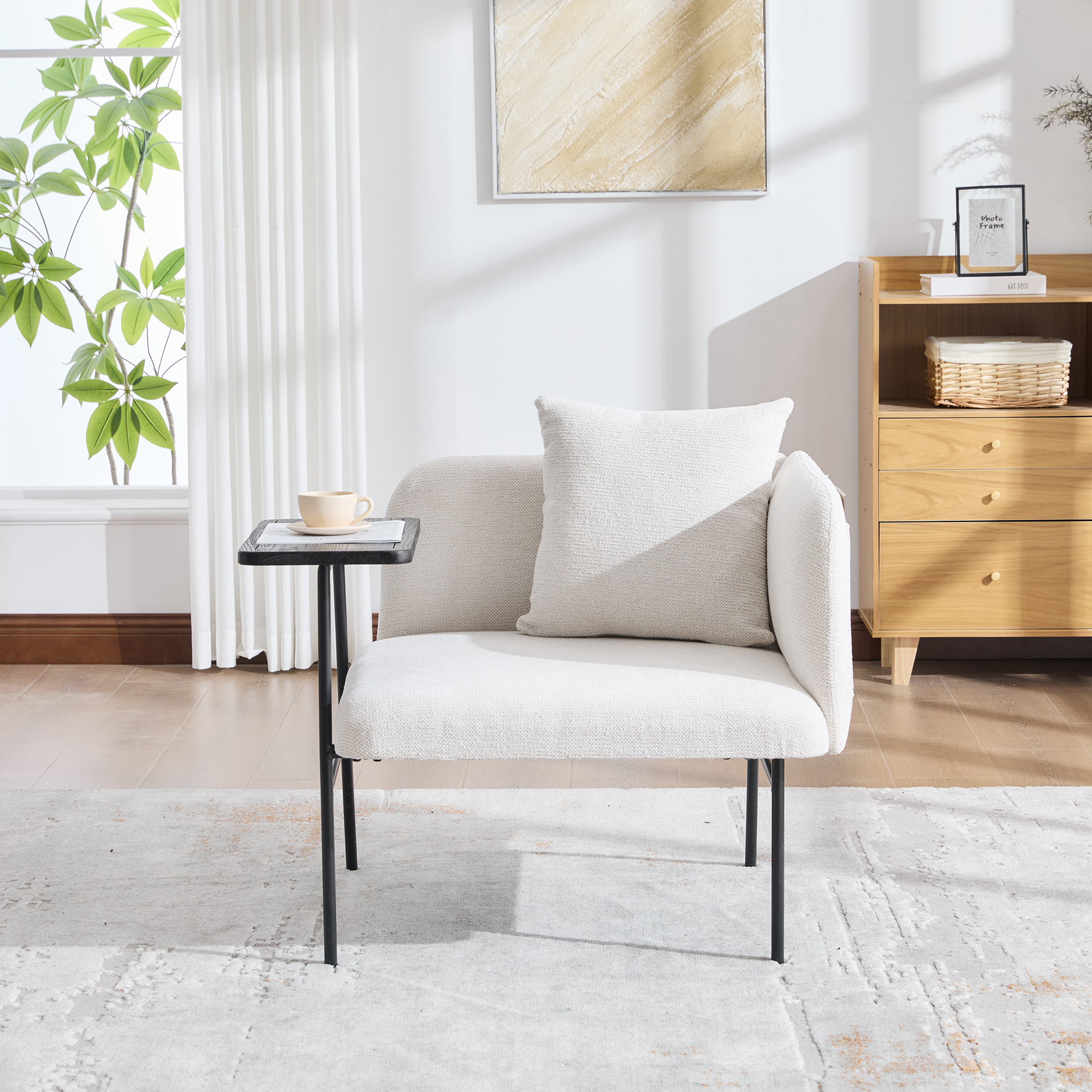 Modern Single Armchair With Comfortable Fabric Backrest And Two Storage Compartments, Complemented By A Practical Side Table. This Minimalist Side Table With Storage Features A Sturdy Metal Tray