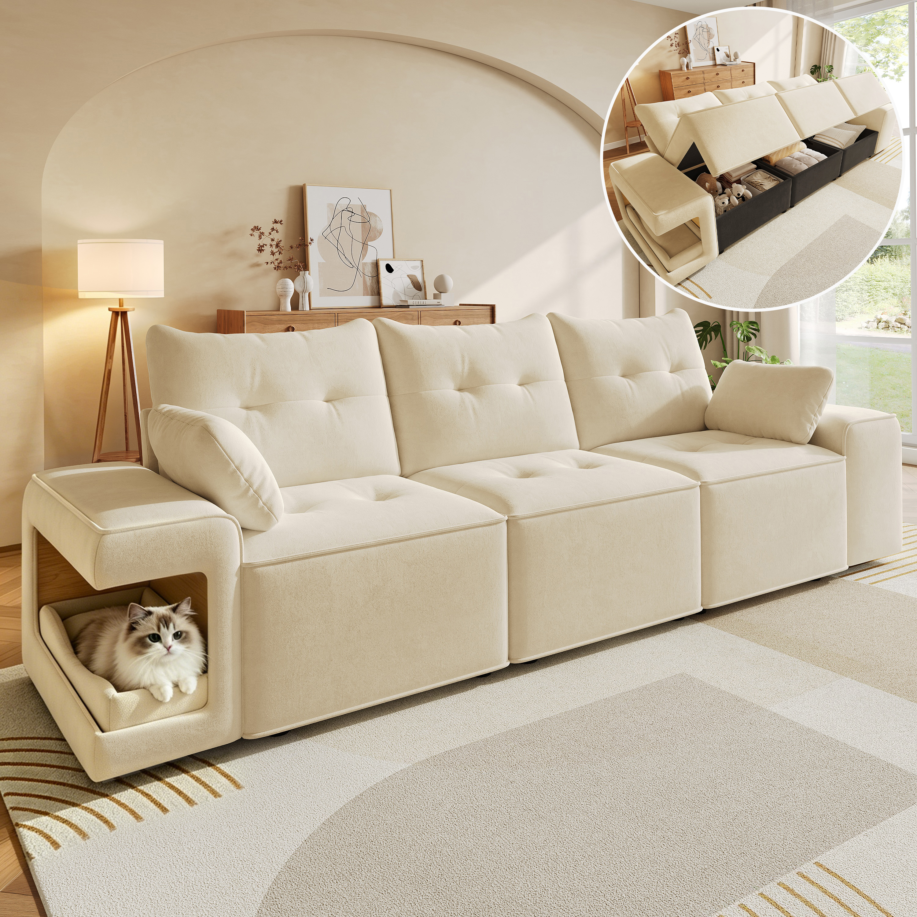 Modern Modular 3-seater Sofa With Wide Armrests, Cloud Sofa, Integrated Storage, Upholstered Pet Area, With Two Cushions - Ideal For Living Rooms And Apartments, Beige