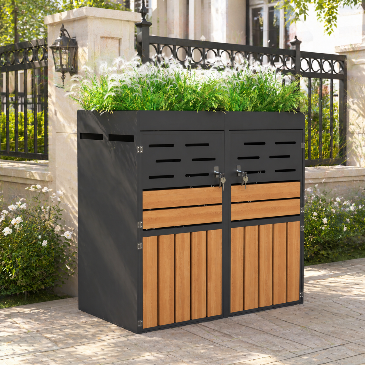 Multifunctional Outdoor Cabinet With Integrated Planter, Slat Ventilation, Two Separate Compartments, Galvanised Steel Frame And Safety Chain  For Storage And Garden Decoration  Without Waste Bins