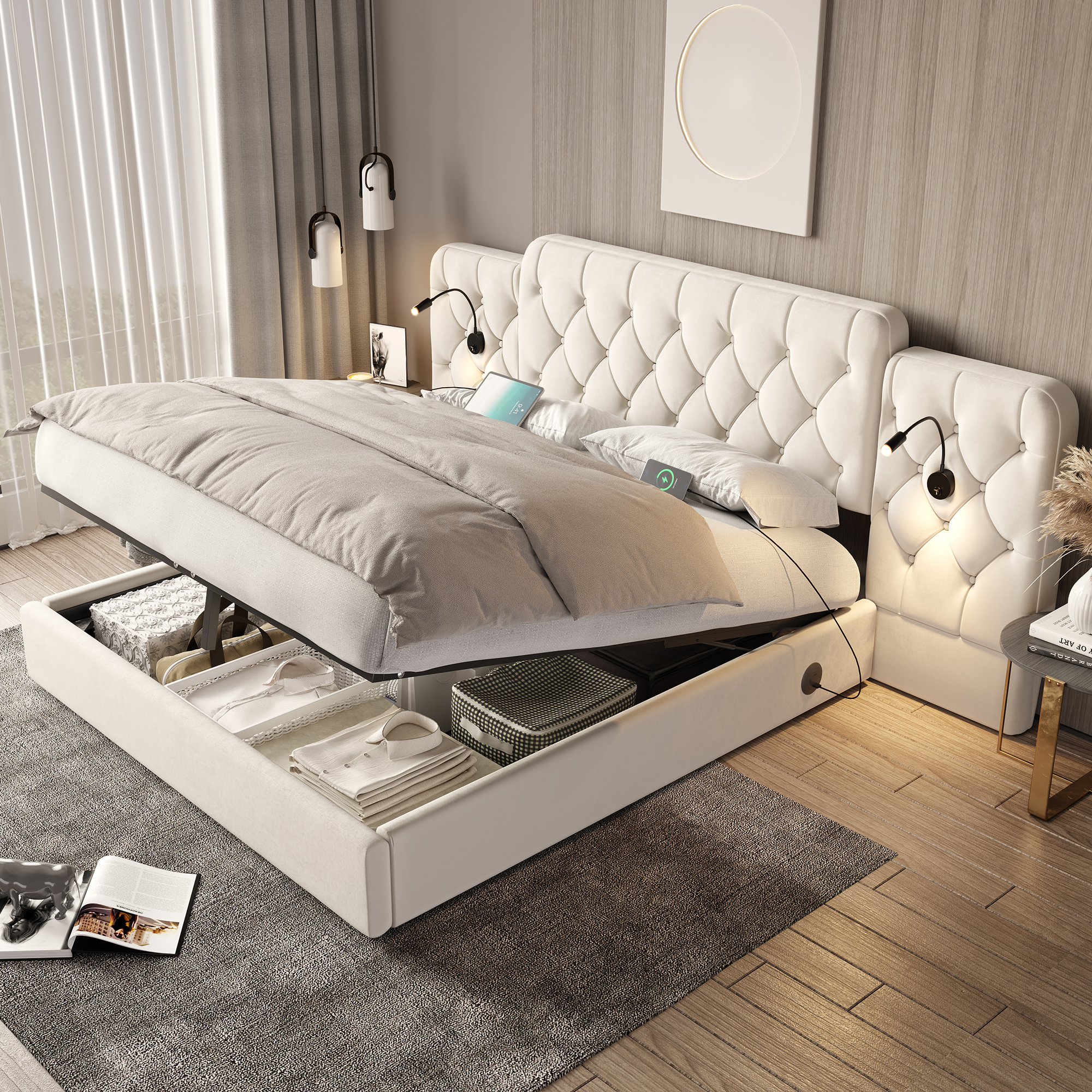 Old SKU W1880S00074 Bed Frame With Long Headboard, Fashionable Velvet Material, Multiple USB Ports, Desk Lamp, Hydraulic System, Extra Large Storage Space At The Bottom, 160 X 200 Cm,Beige
