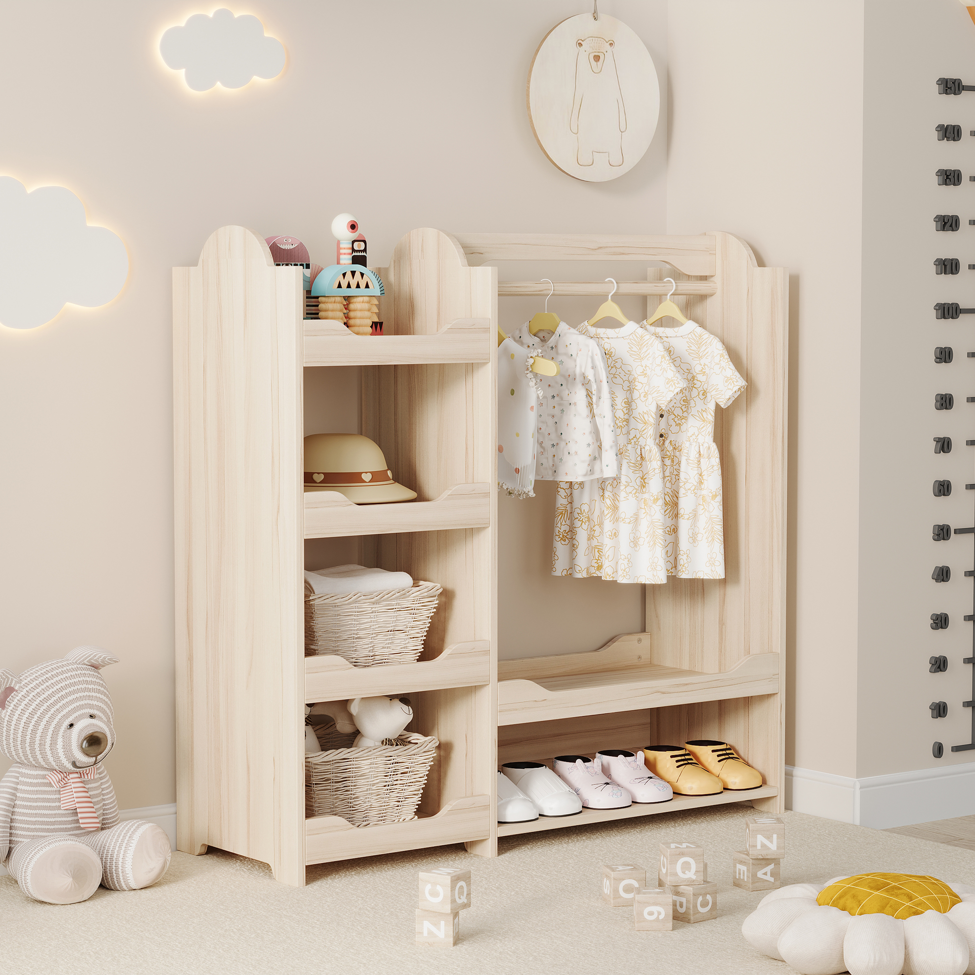 Children's Coat Rack Children's Wardrobe With Clothes Rail & 4 Shelves, Storage For Children's Room, Standing Coat Rack Natural Wood, 110x39x110 Cm