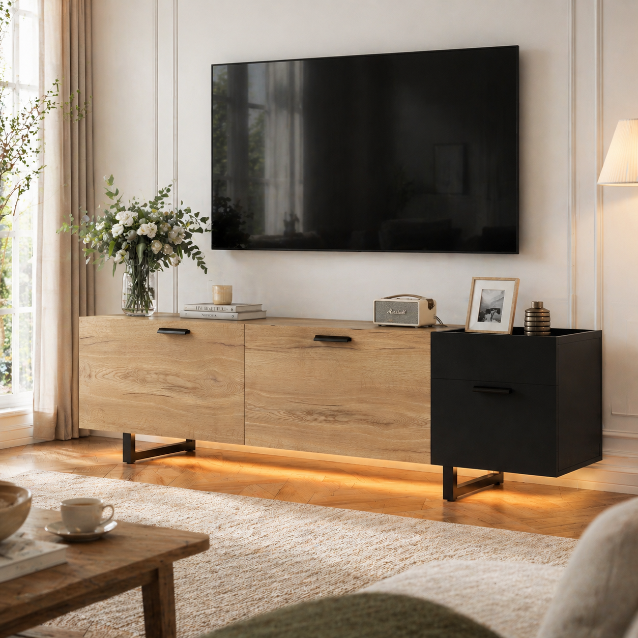 Modern TV Cabinet In Natural Wood Black Contrast.With Open Compartments, Large Drawers And Closed Storage Space For Multifunctional Storage Comfort - Ideal For Living Rooms And Media Areas.