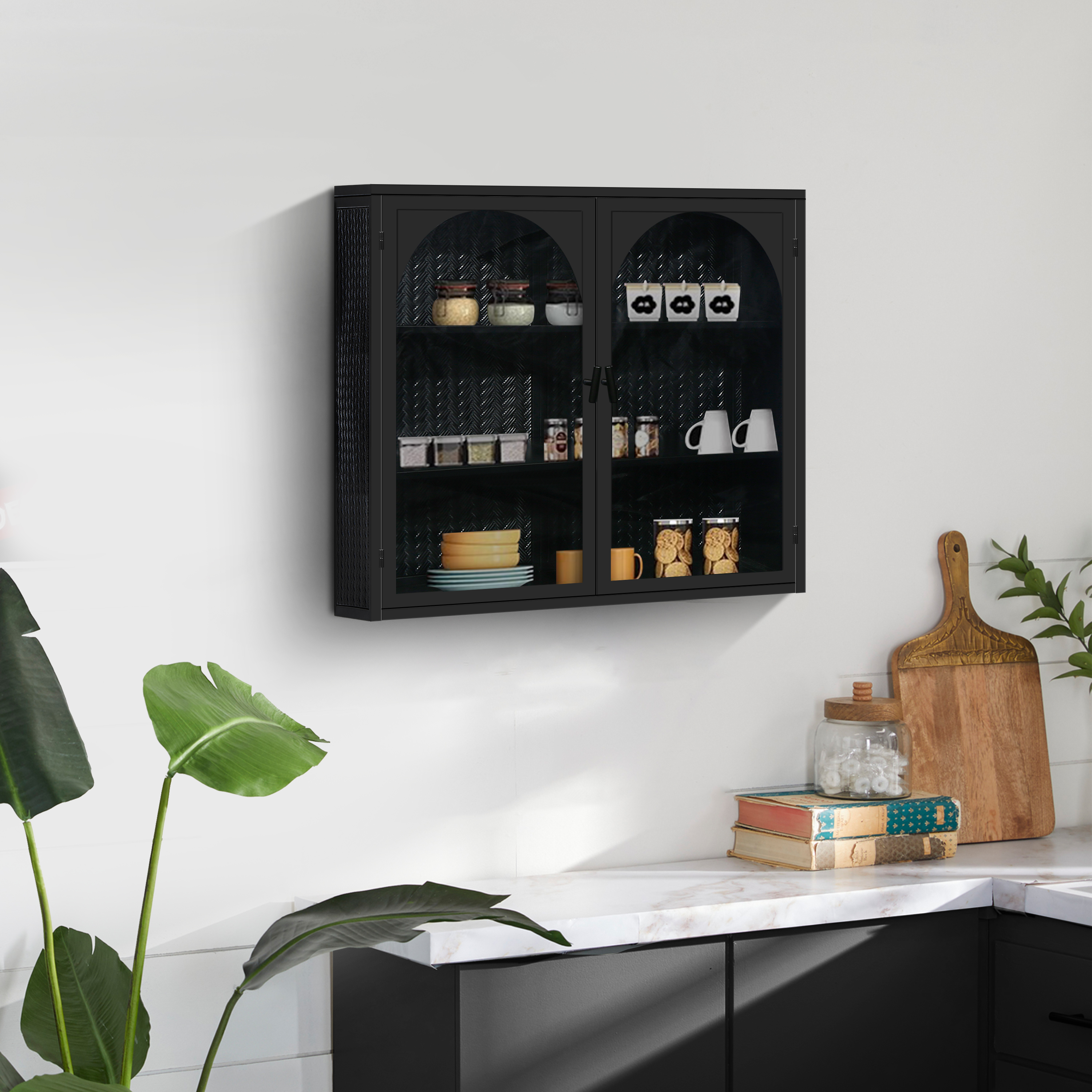 70CM Glass Doors Modern Two-door Wall Cabinet With Featuring Three-tier Storage For Entryway Living Room Bathroom Dining Room,Wall Cabinet With Characteristic Woven Pattern,Black