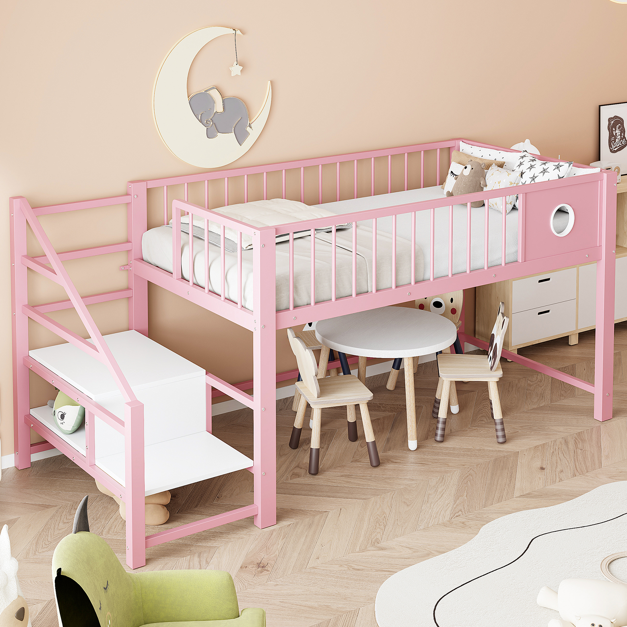 Low Loft Bed For Children 90 X 200 Cm, With Storage Ladder, Sturdy Metal Frame, Suitable For Children And Teenagers, Pin