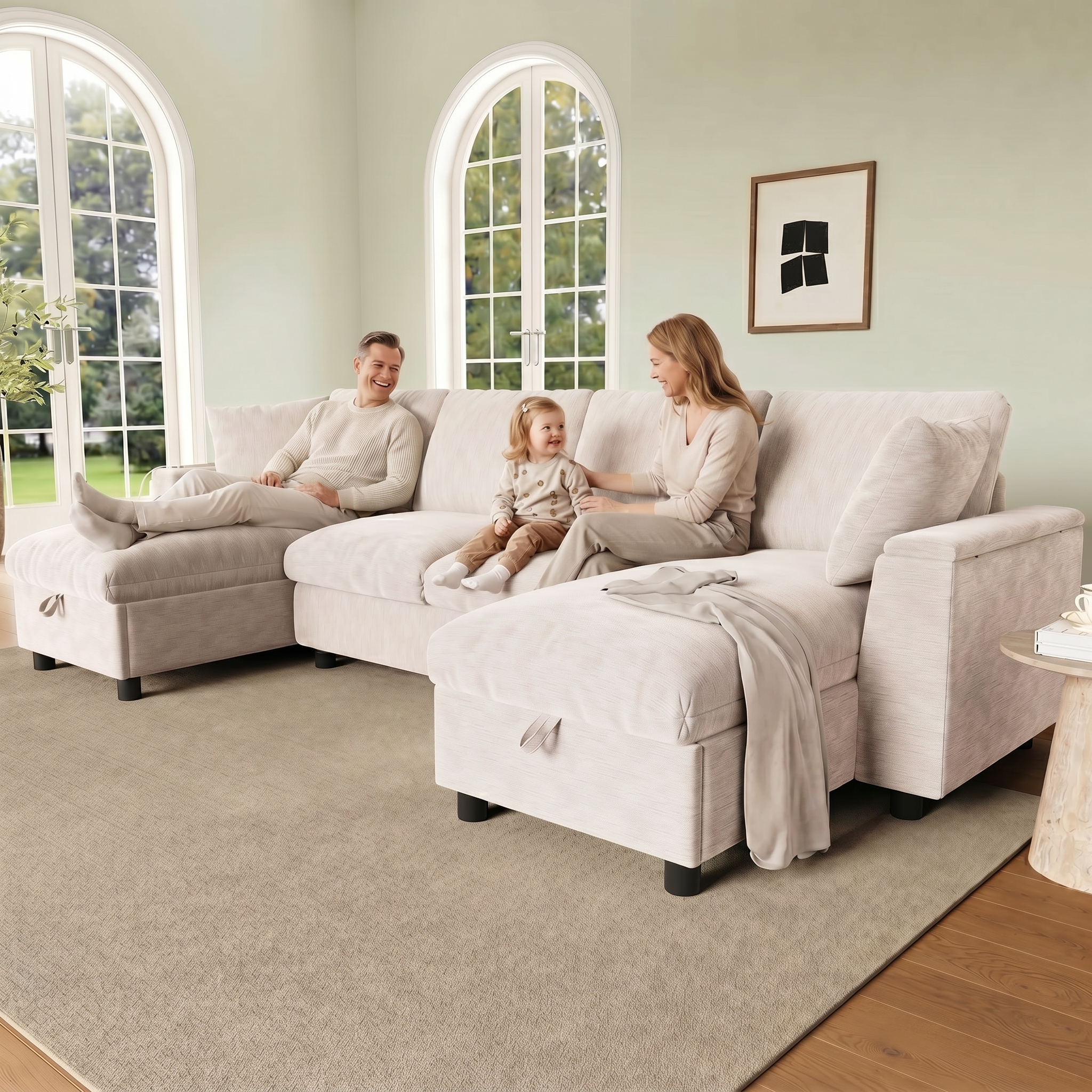Modern U-shaped Sofa In Chenille  2-seater  Two Chaise Longue Elements , Chaise Longues With Hinged Storage, With 1 USB Port And 1 Type-C Port, Beige, Dimensions 284 X135 X84 Cm