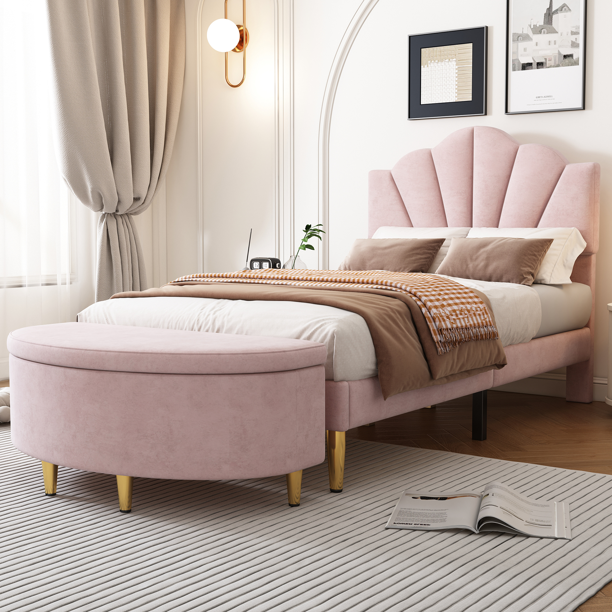 Velvet, Upholstered Bed, 90x200 Cm, Shell-like Bed With Golden Iron Legs, Height-adjustable Headboard, Wooden Slatted Base, With Upholstered Bench, Bench With Storage Space,
