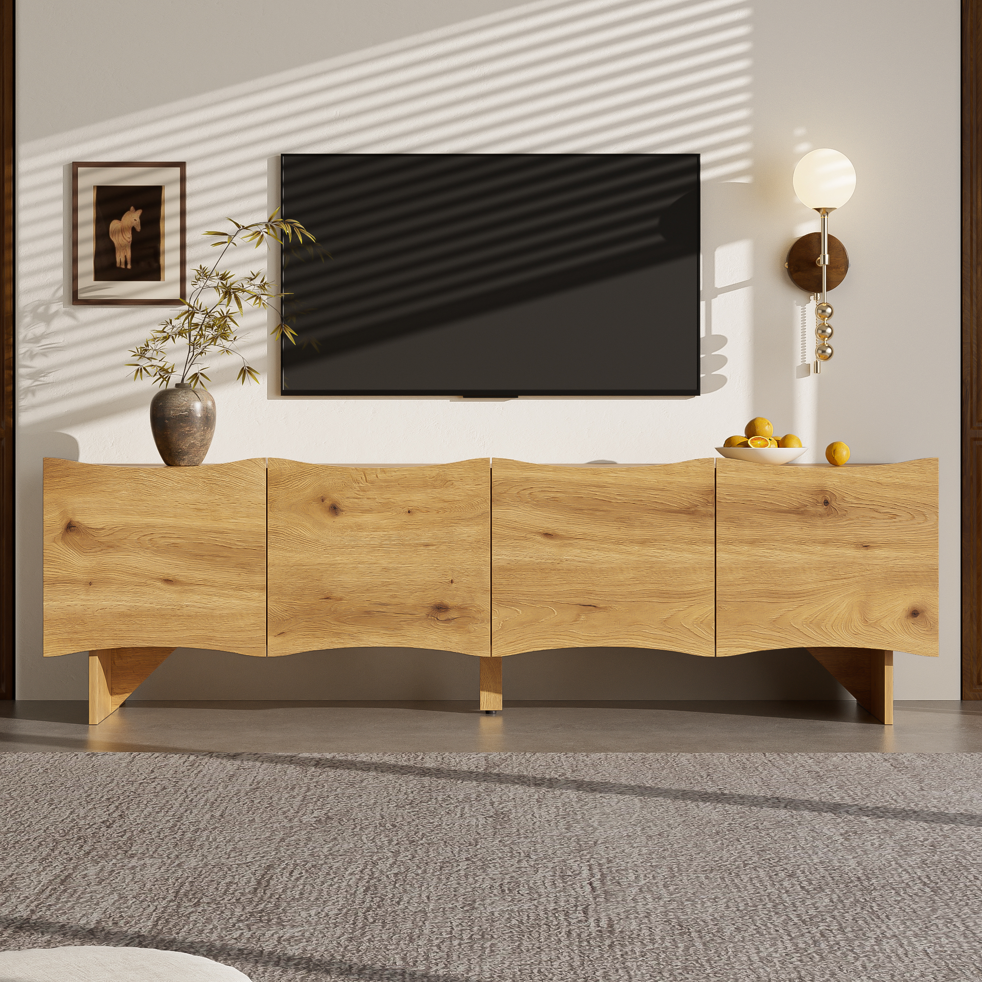 Modern TV Cabinet With Wave Pattern - 155 Cm Media Console With Storage, Four Doors And Cable Grommets In Wood Look, Stylish Design For Living Room