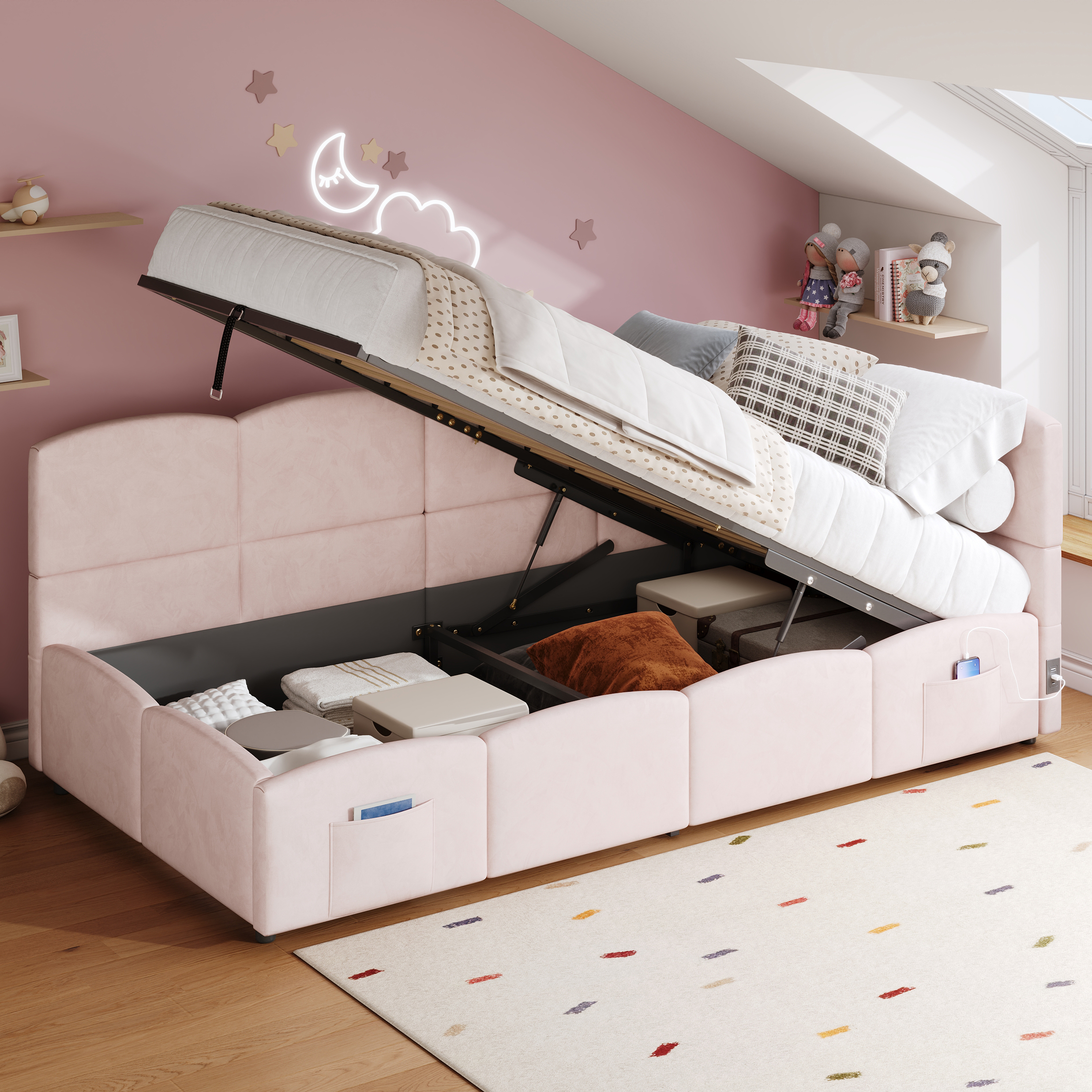 Upholstered Bed, Cot, Single Bed, Storage Bed, Sofa Bed 90x200 Cm, With Slatted Base, USB Charger, Storage Bag, Youth Bed And Adult Cot, Velvet, Pink  Without Mattress