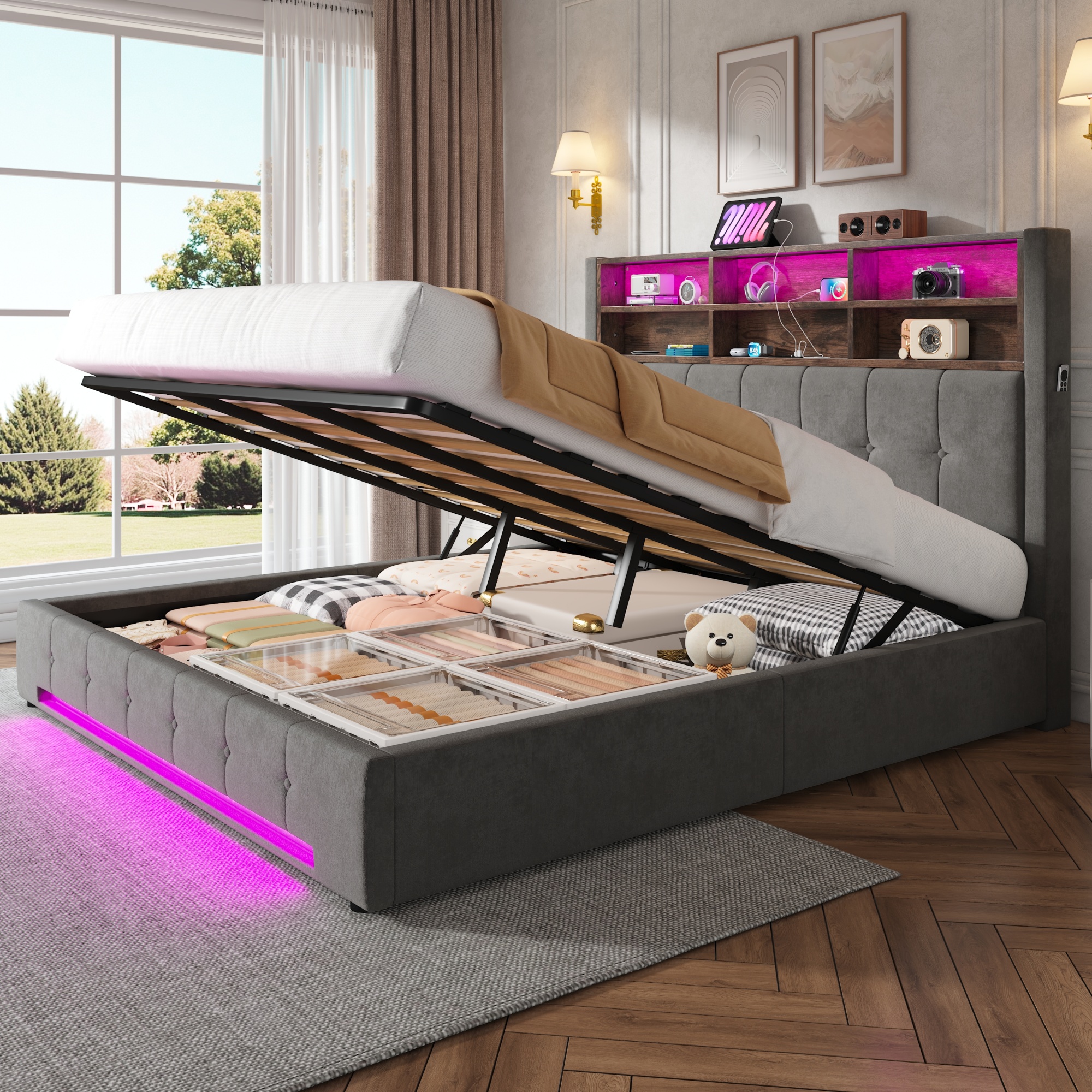 180x200 Cm Velvet Bed With Multifunctional Headboard 6 Compartments, Side Pockets, USB-C, LED, Hydraulic Function And Large, Dust-proof Storage Space Under The Bed - Practical Choice For The Bedroom.