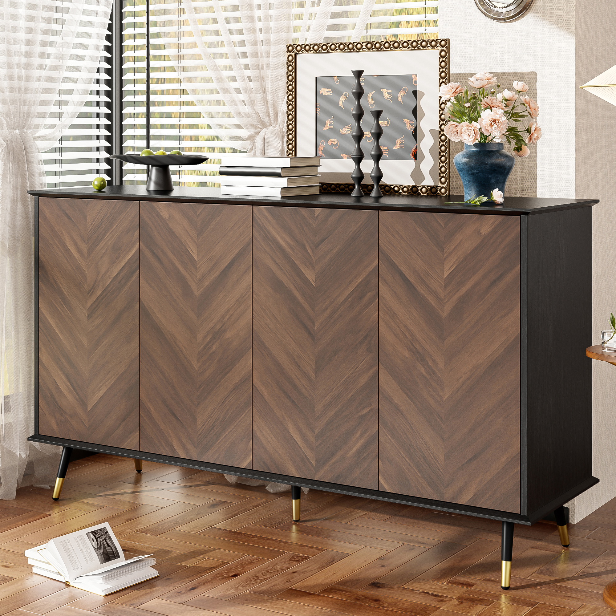 Modern Sideboard With Herringbone Pattern  Buffet Cabinet With 4 Doors & Height-adjustable Shelves  MDF Wood & Metal Feet  Storage Space For Living Room, Hallway & Dining Room.