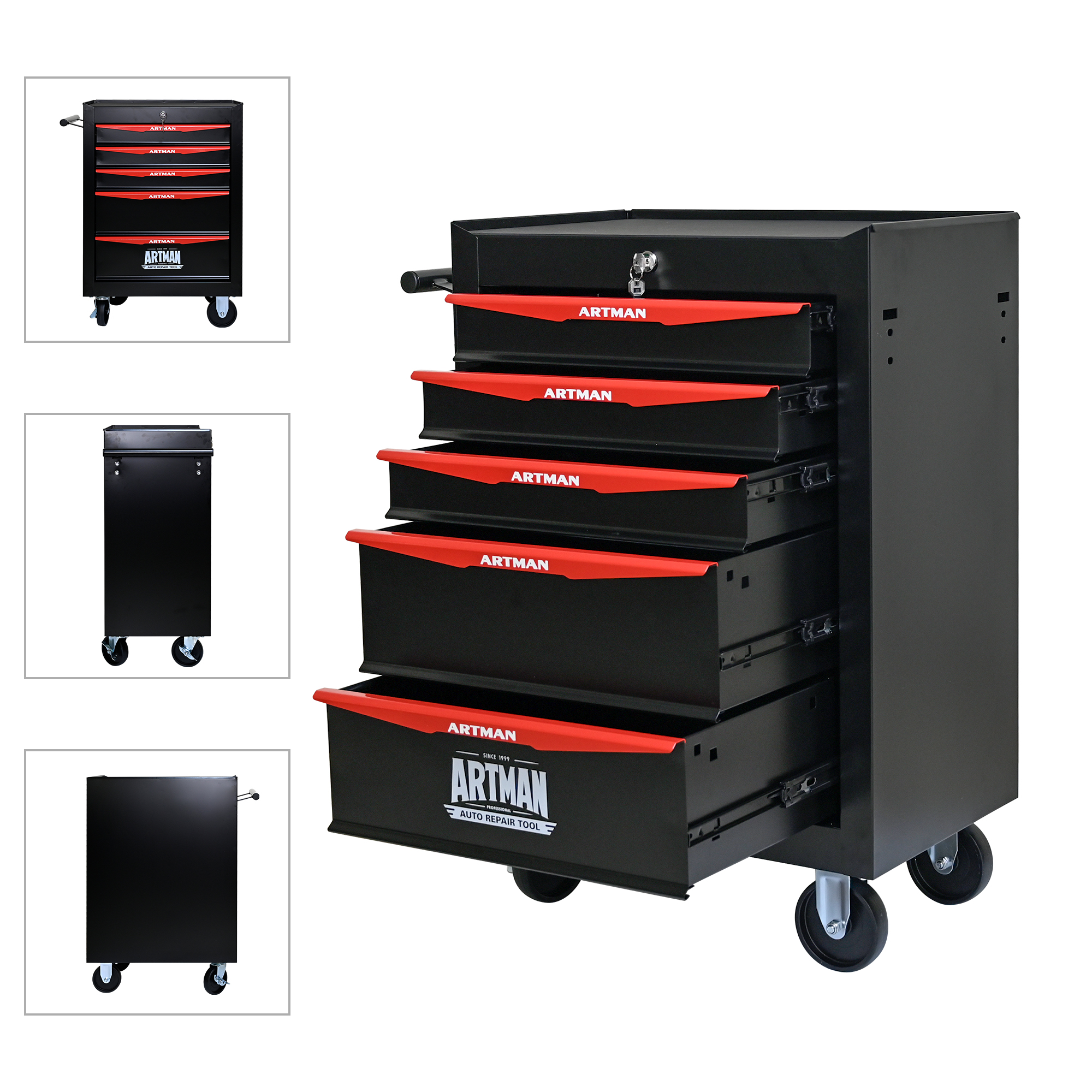 Rolling Metal Toolbox With 5 Drawers, 5 Shy Tool Cabinet With Ball Bearing Drawer Slides, Steel Tool Storage Box Organizer Black&Red 2