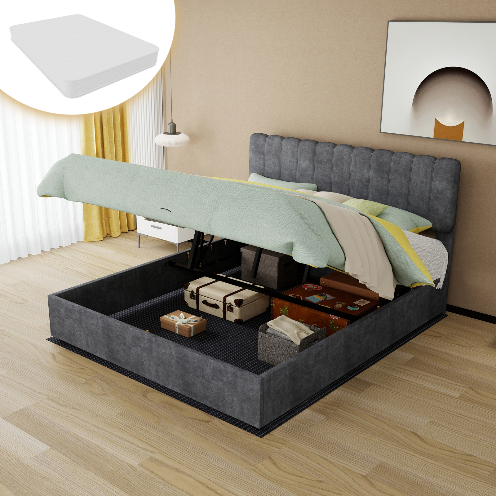 Modern Minimalist Upholstered Bed With Soft And Comfortable Headboard, 160x200 Cm, Grey, Multi-Functional Bedroom Furniture, High-Profile Storage Base , Included160x200cm Mattress.