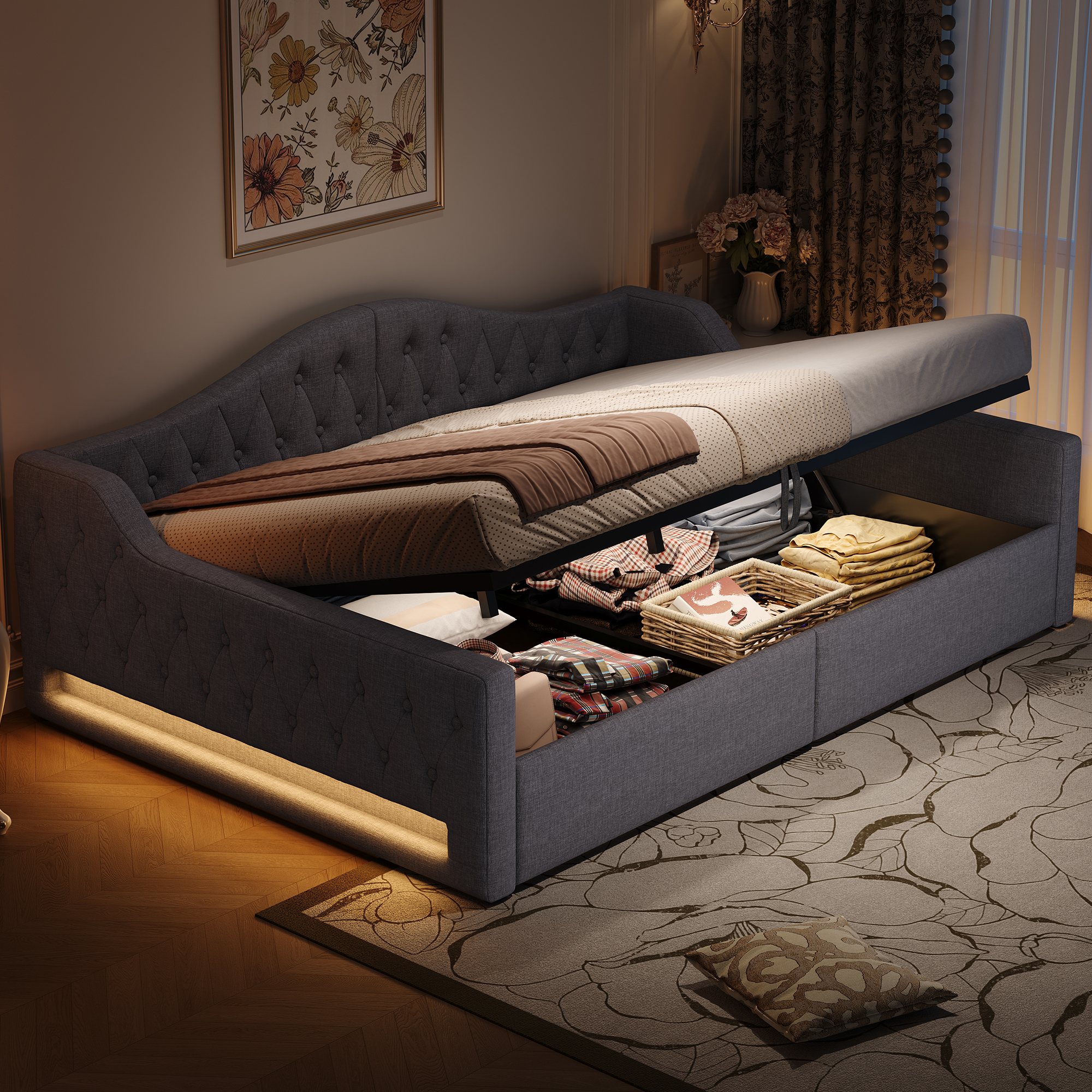 Padded 140x200 Daybed With LED Belt And Storage Underneath, Grey