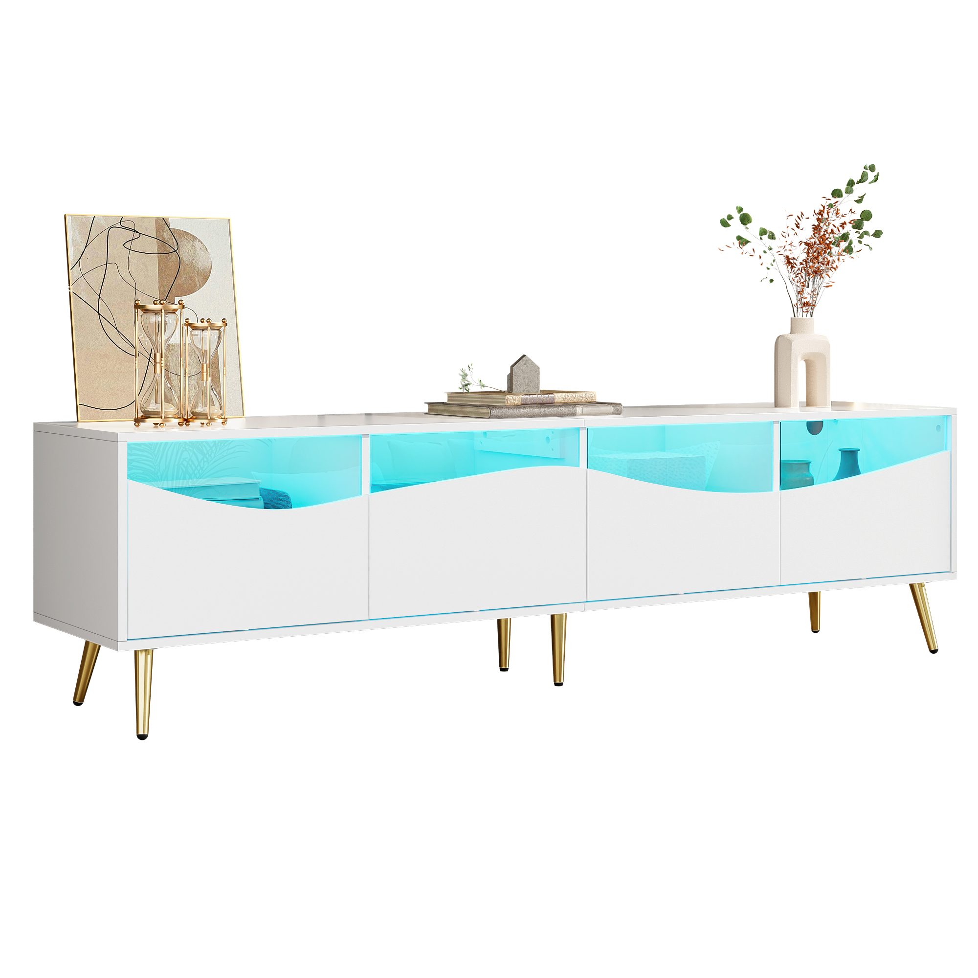 Modern TV Cabinet 180 X 40 X 50 Cm With LED Lighting, White Body, Golden Metal Feet, Glass Front & Storage Space  Stylish Lowboard For Living Room