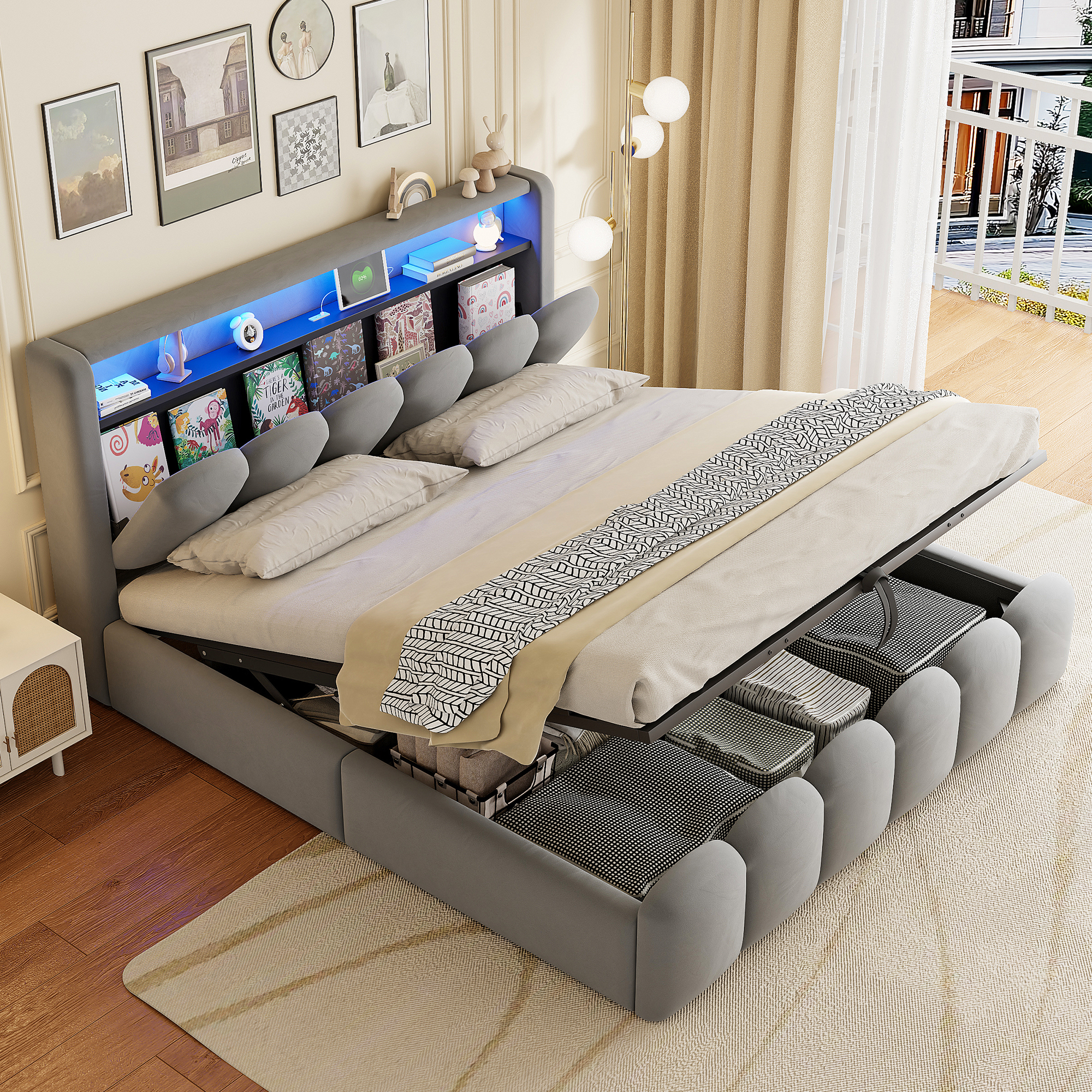 Upholstered Bed 180x200, Equipped With Hydraulic Storage Function And Storage Space In The Headboard, Double Bed, Velvet Fabric, With USB And Type-C Ports, With LED, Soft Velvet Fabric And Petal Desig