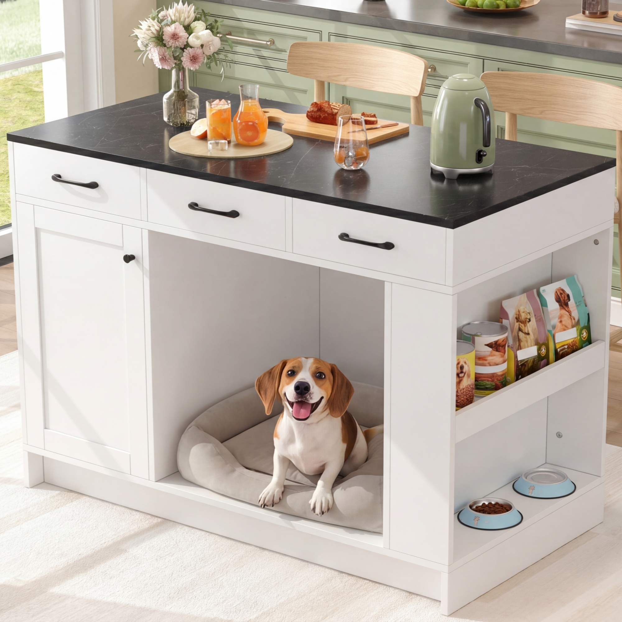Kitchen Island, Cabinet With 3 Drawers, 1 Spice Rack, Adjustable Shelf Top, Double Shelf  Without Dog Food Plate , Spacious Pet Storage Area  Without Dog Cushion , 120x60x90 Cm, White