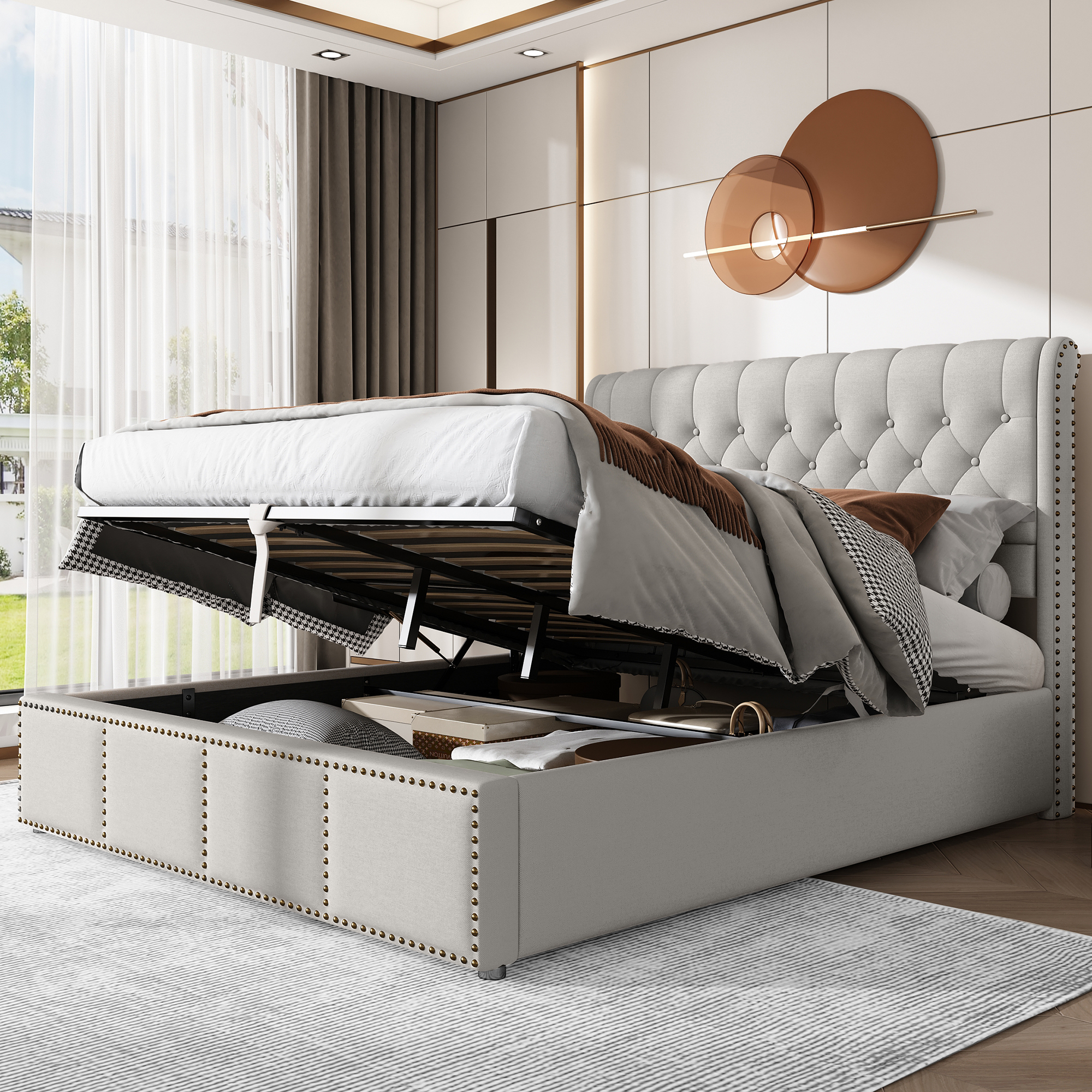Cotton-linen Upholstered Bed, With Hydraulic Lever, Storage Of Bed Drawers, Rivet Decoration, 140 X 200 Cm, Without Mattress