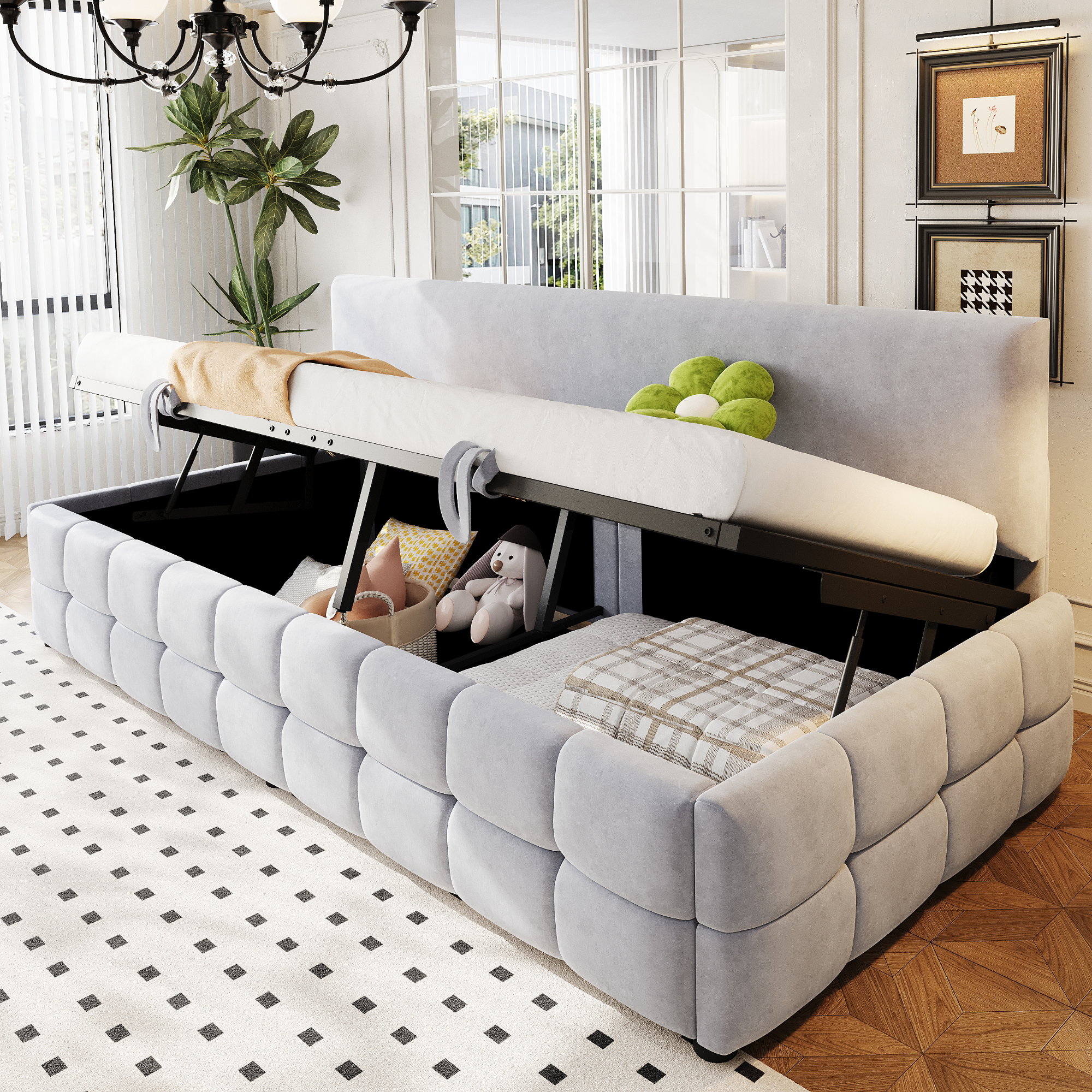 Upholstered Bed Sofa Bed 90x200 Cm, With Hydraulic Storage Space, Backrest Without Armrests, With Distinctive, Classic Check Pattern At The Bottom. Multifunctional Single Bed, Velvet Fabric Light Gre