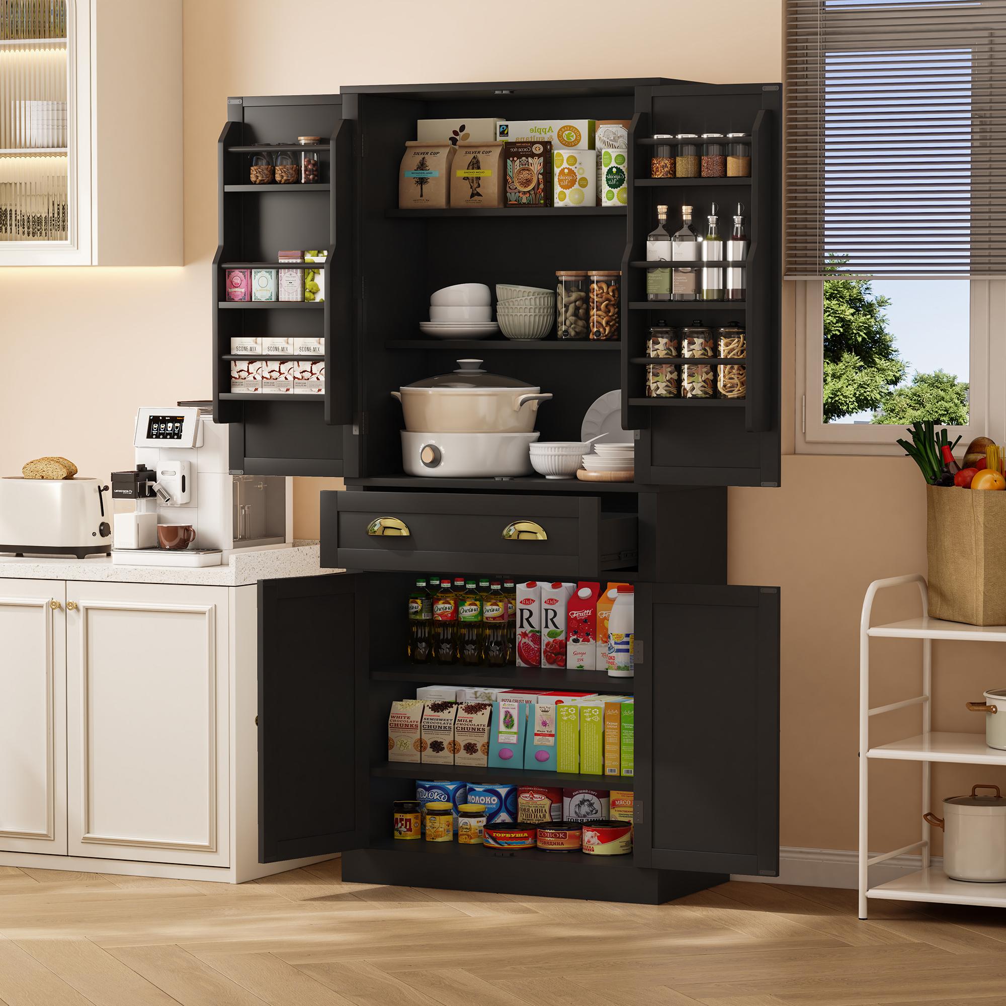182 Cm Storage Cabinet, 4 Doors And 1 Drawer, 2 Doors With Shelves, 6 Storage Compartments And 4 Adjustable Shelves, Suitable For Kitchen, Dining Room And Living Room, Black