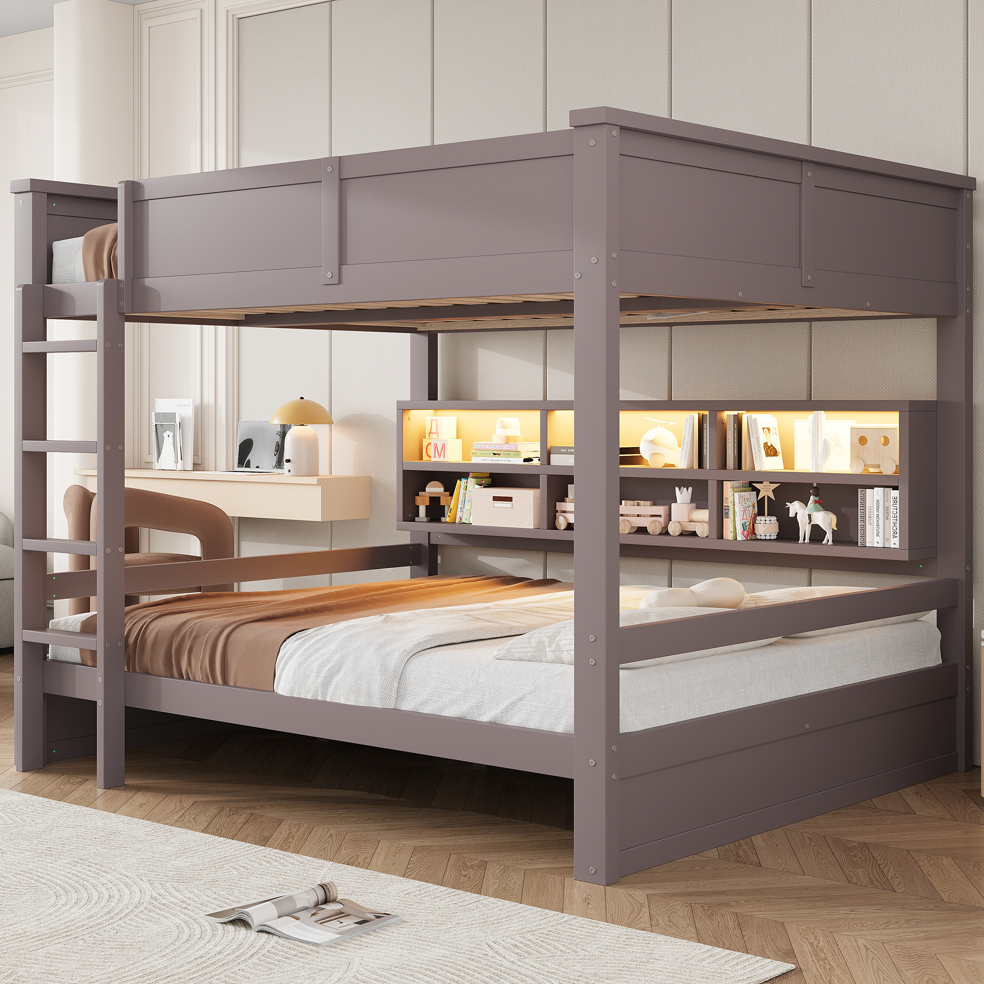 160x200 Bunk Bed With Storage Cabinets And LED Light, Brown