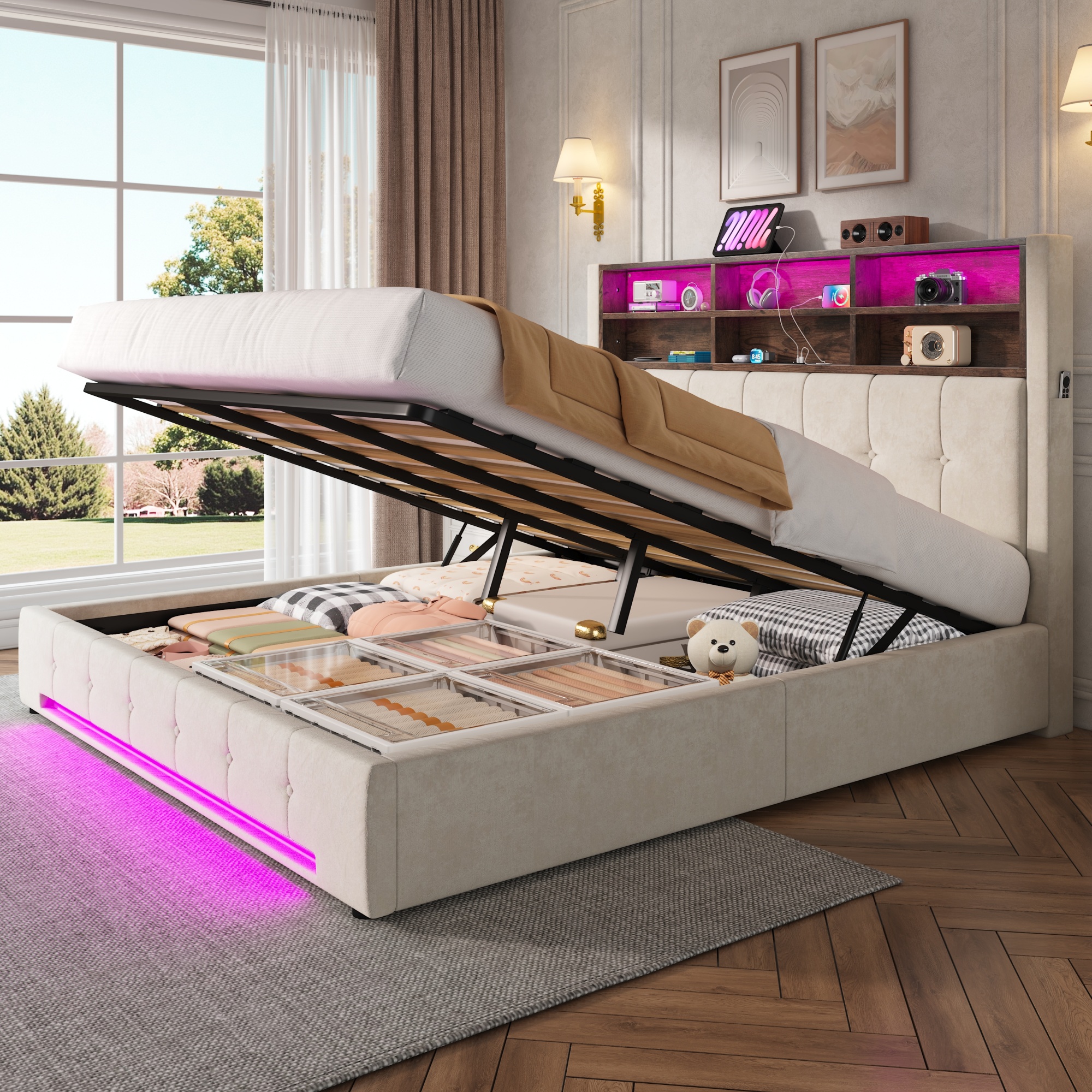 180x200 Cm Velvet Bed With Multifunctional Headboard 6 Compartments, Side Pockets, USB-C, LED, Hydraulic Function And Large, Dust-proof Storage Space Under The Bed - Practical Choice For The Bedroom.