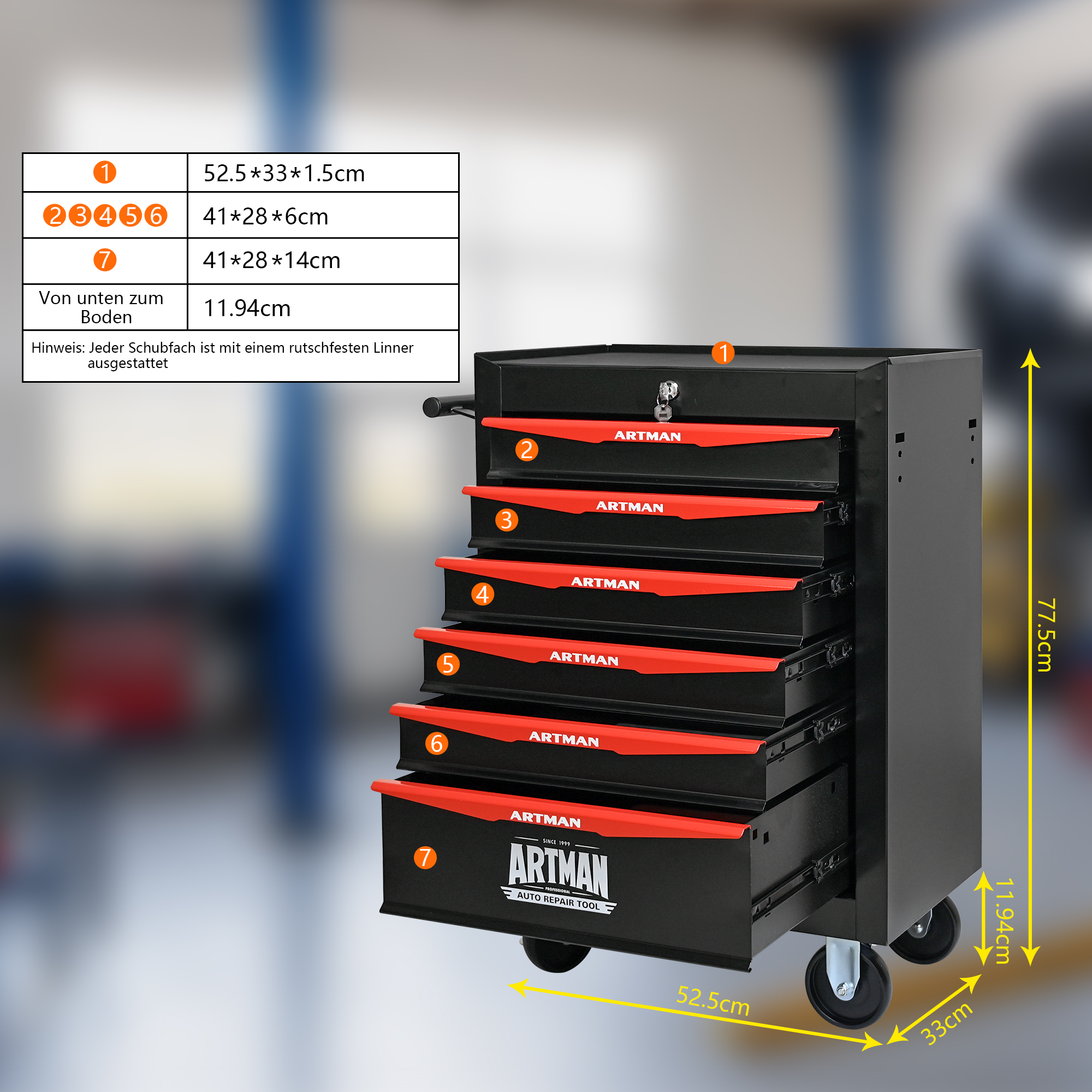 Rolling Metal Toolbox With 6Drawers, 6 Shy Tool Cabinet With Ball Bearing Drawer Slides, Steel Tool Storage Box Organizer Black & Red 3