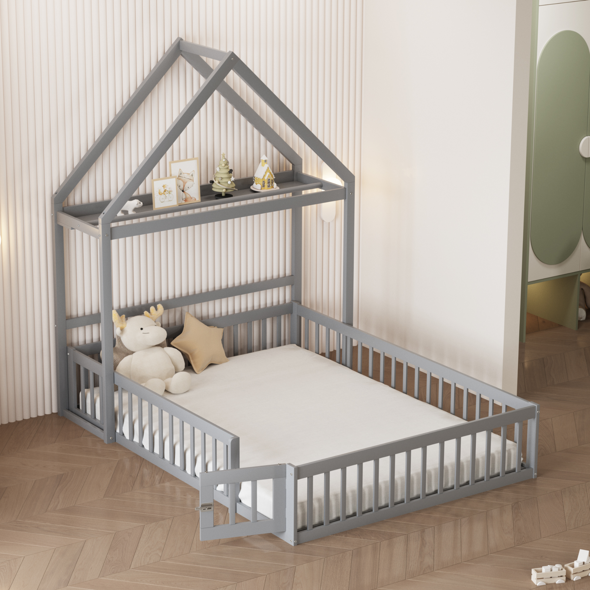 Children's Bed 140 X 200, Cot Frame Made Of Solid Wood With Storage Space, Full Protective Grille And Doors And Slatted Frame, Grey