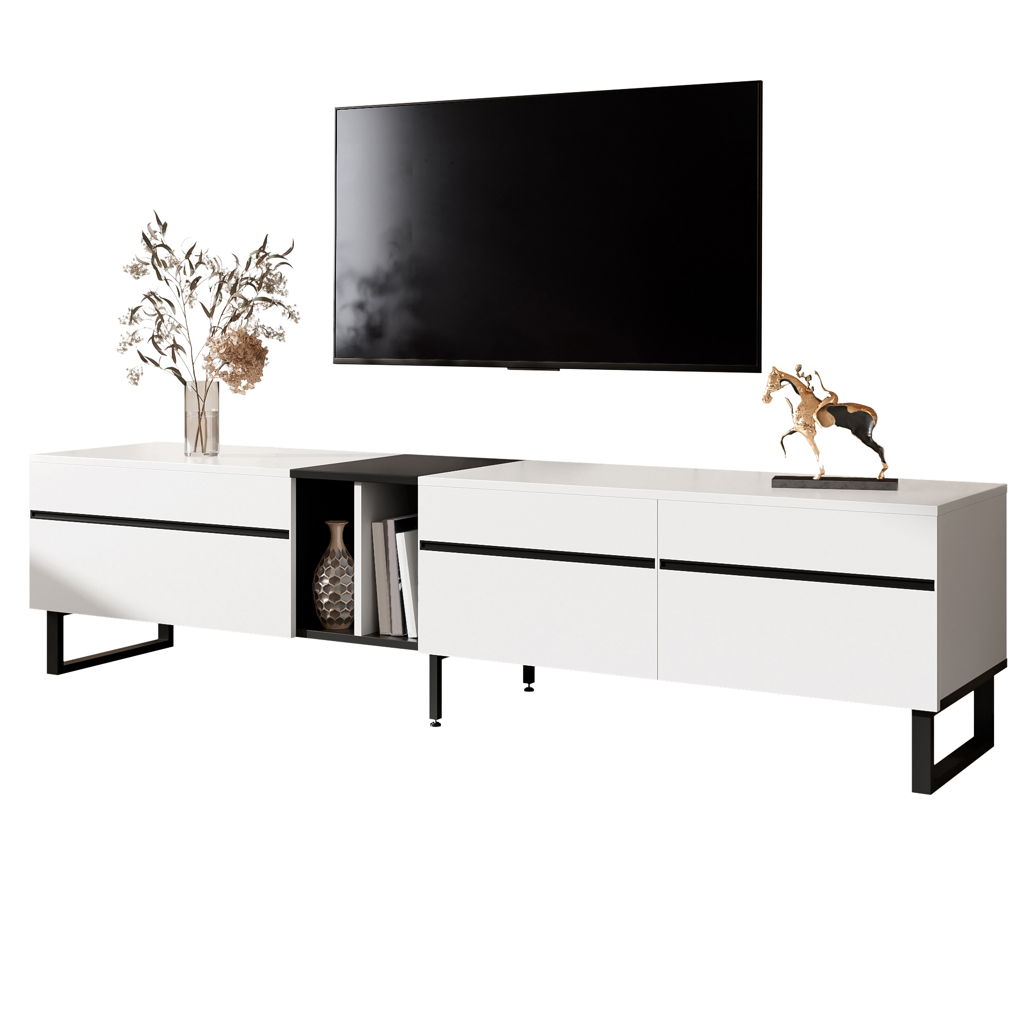 Modern TV Lowboard 180 Cm In White With Folding Compartment, Open Compartments And Double Doors  Minimalist TV Cabinet As Sideboard, TV Cabinet & Living Room Cabinet With Plenty Of Storage Space