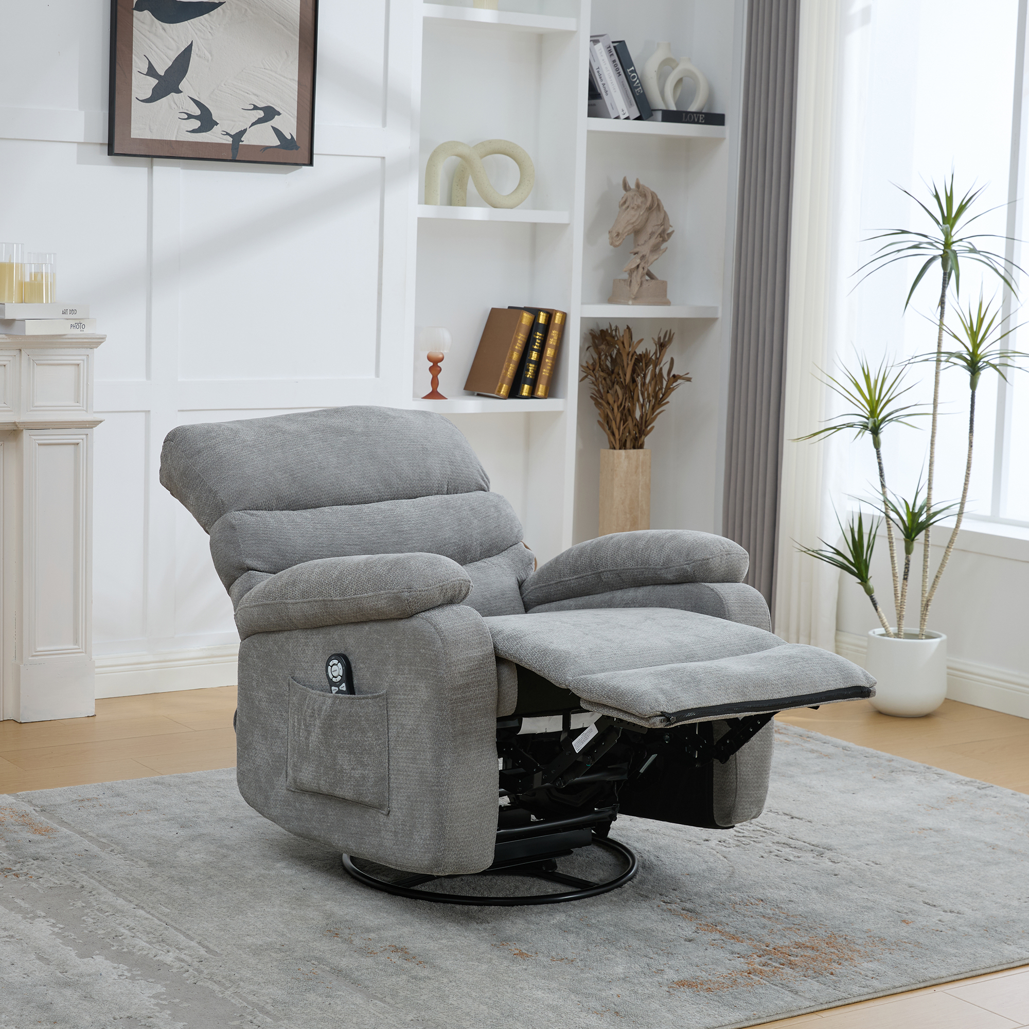 Electric 360 Swivel Recliner With Massage And Heat Function, Manually Adjustable Backrest And Footrest, And Side Storage Pockets. Gray