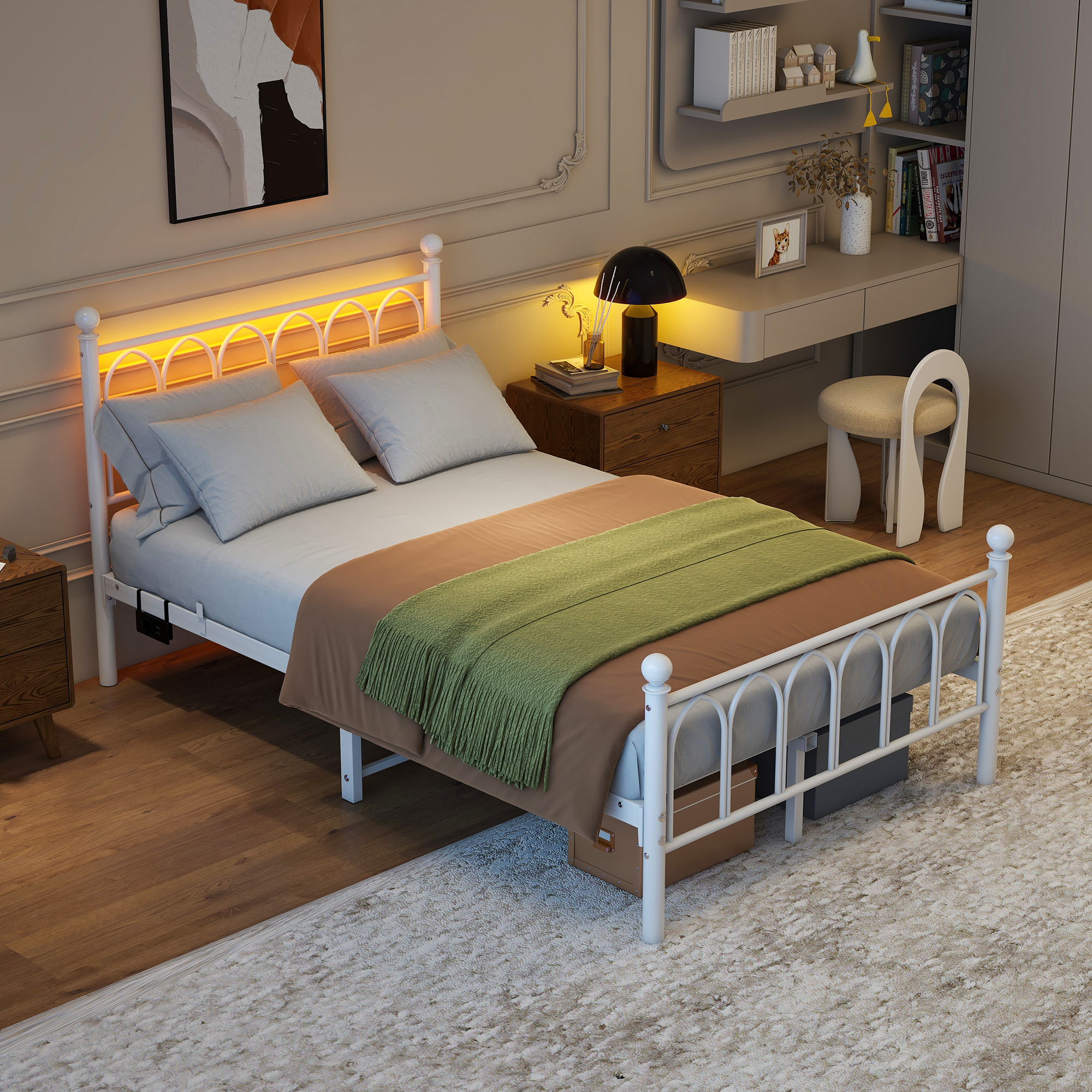 120x200cm Metal Bed Frame With Vintage Head And Footplate, USB Charging Dock, LED Bed Frame, Heavy Duty Steel Slat Support, Range Underbed Storage, No Box Spring Required, White