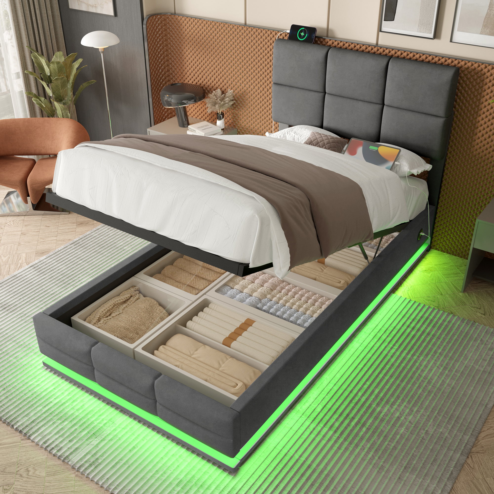 90x200 Cm Modern Velour Upholstered Bed With Height-adjustable Headboard - Incl. USB Type-C Ports, LED Ambient Lighting, Hydraulic Lift System & XXL Storage Space  Without Mattress - Gray