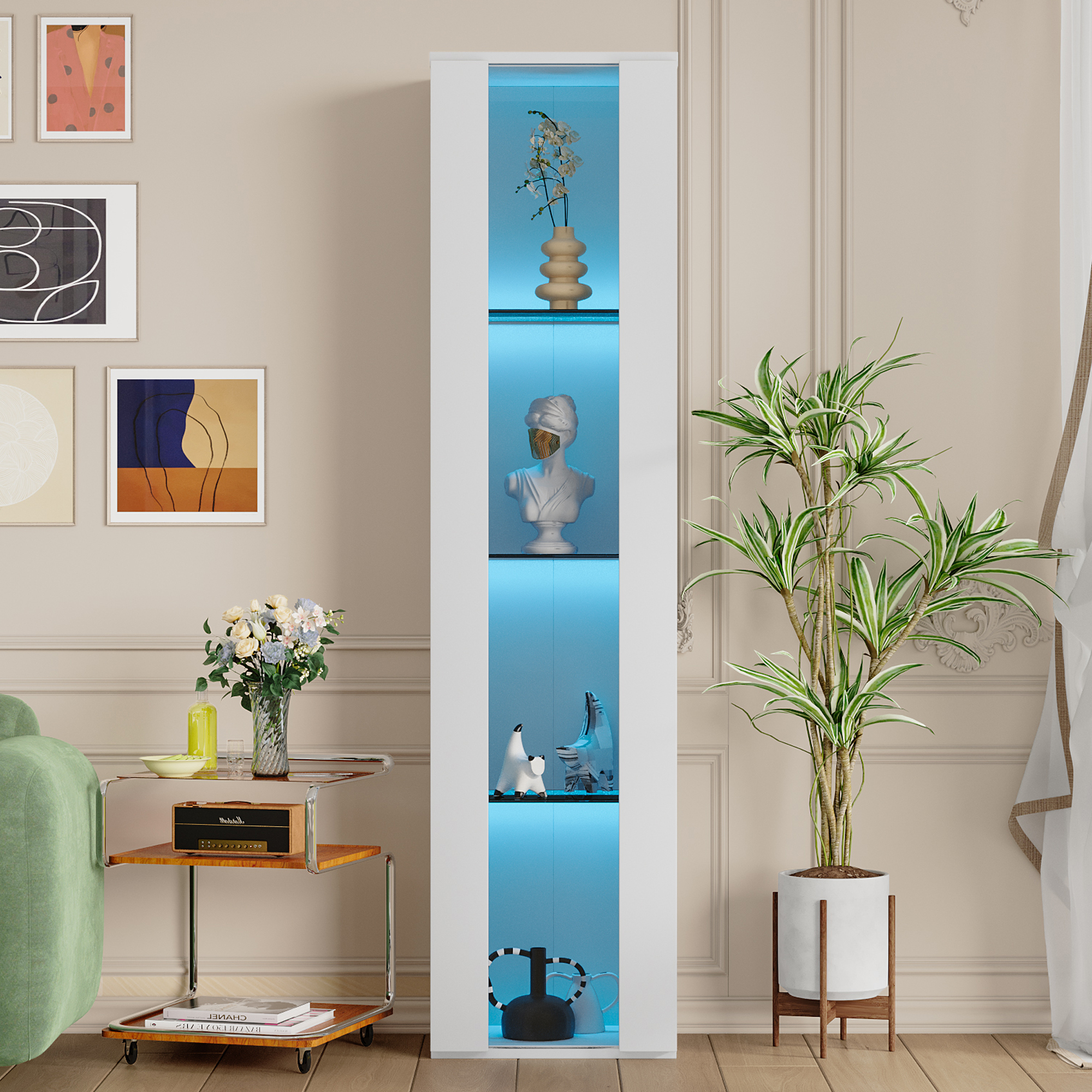 40 X 29 X 170 Cm, Multifunctional Display Case, Glass Partition, LED Color Changing Light, App Setting, Acrylic Plate, Simple Design, White 4