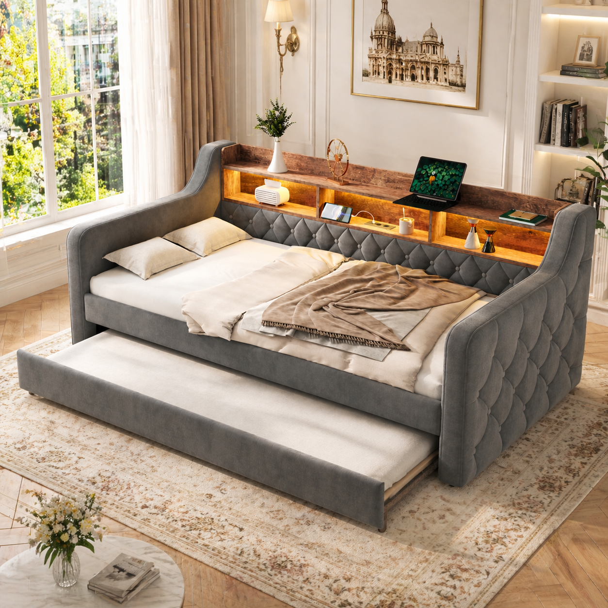 Space-saving Sofa Bed 90x190 Cm Made Of Velvet With Storage Space, LED Ambience & USB-C Port, 12 Slatted Frames & Sturdy Metal-wood Frame  For Bedroom, Guest Room Or Youth Room.